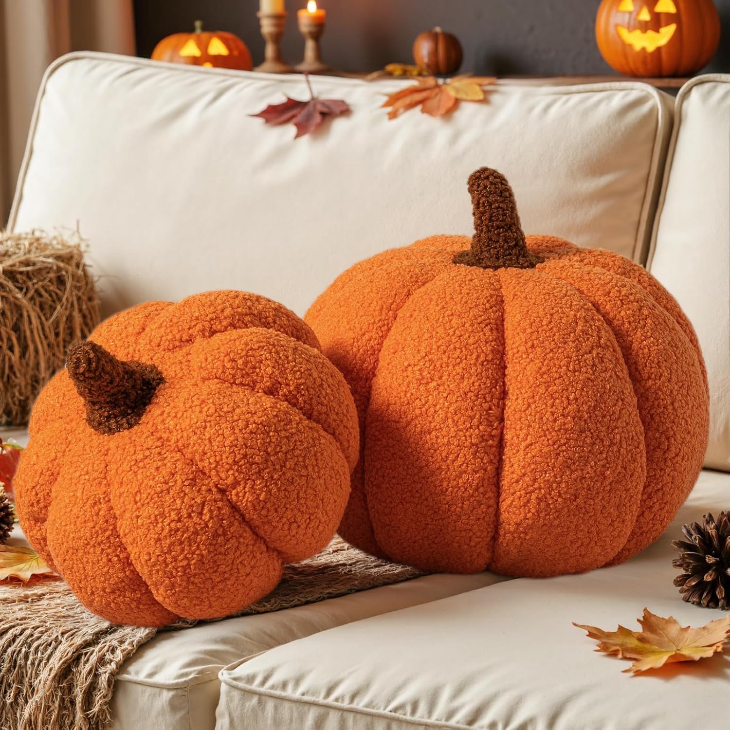 Sierkussen - Herfst Pompoen Kussens - 3D Vorm - Zachte Pluche - Voor Bank en Decoraties voor Thanksgiving of Halloween - 23 cm + 30 cm - Oranje - 2 stuks