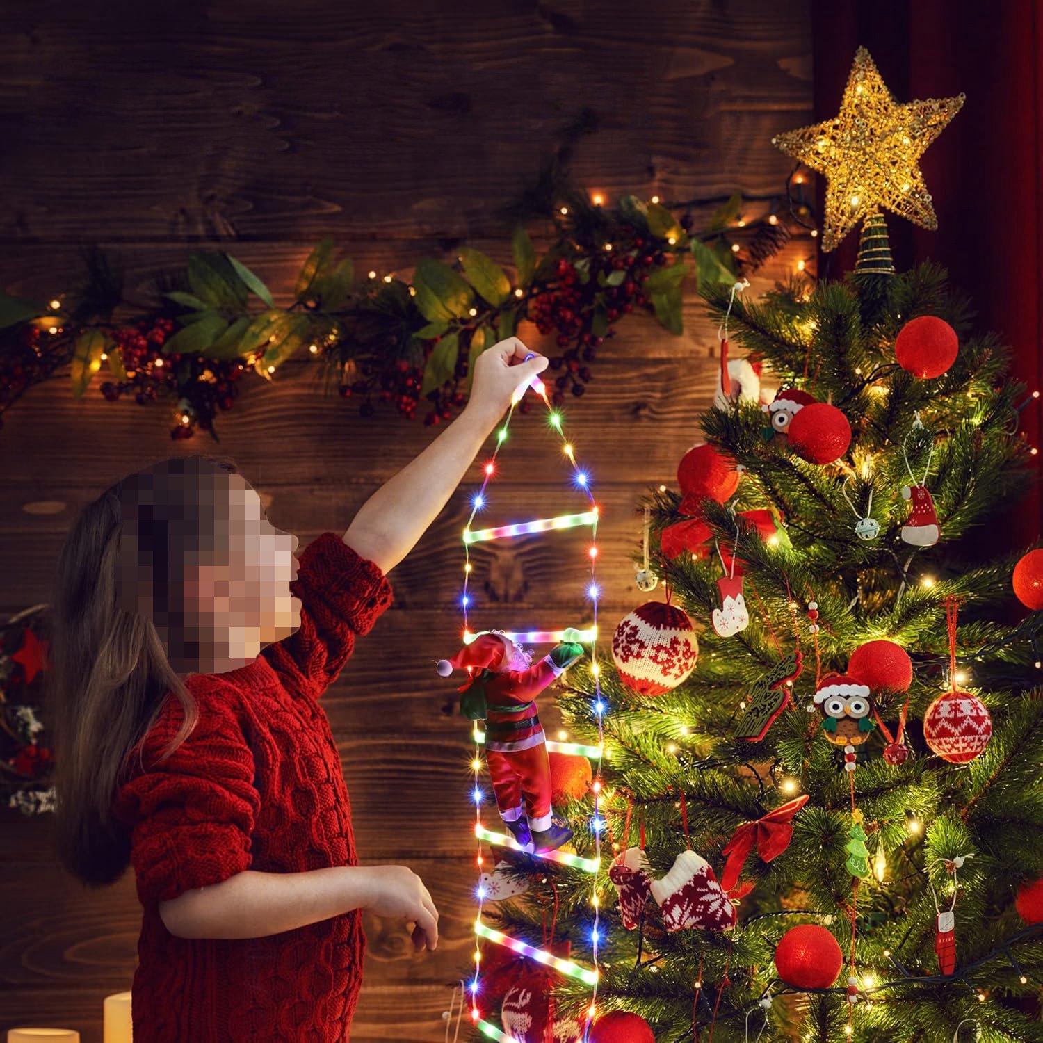 LED Kerstladder Verlichting met Kerstman - Timer Geheugenfunctie - 8 Lichtmodi - 75cm - Warm Wit Licht - Voor Raam Deur Kerstboom Trap Terras - Binnen Buiten Kerstdecoratie – foto 3