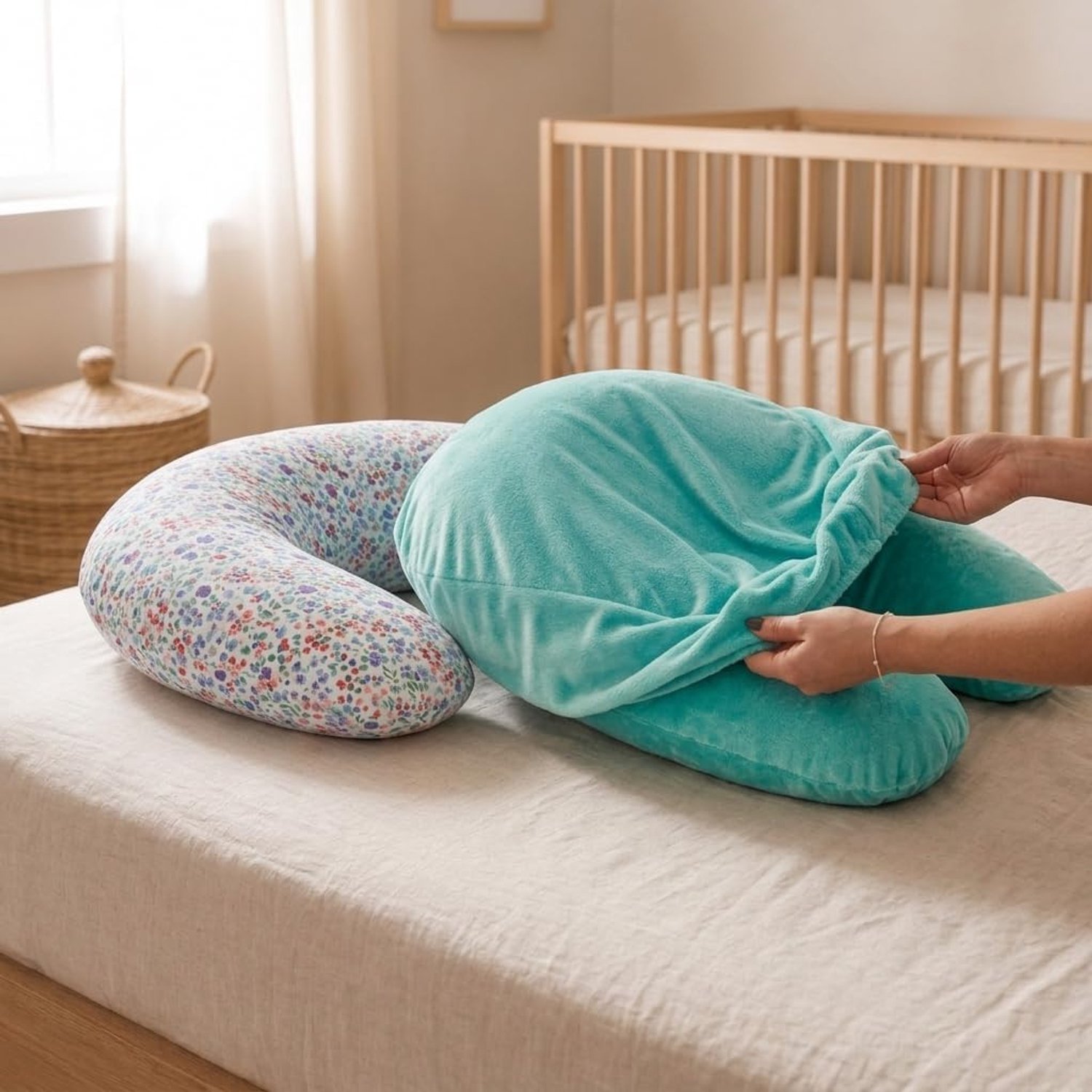 Uitbreidbaar – 2 hoezen inbegrepen (katoen blauwe bloem & zacht Minky) + Charlotte babynest – dubbel comfort zomer / winter – Oeko-Tex gecertificeerd – XXL 170 cm