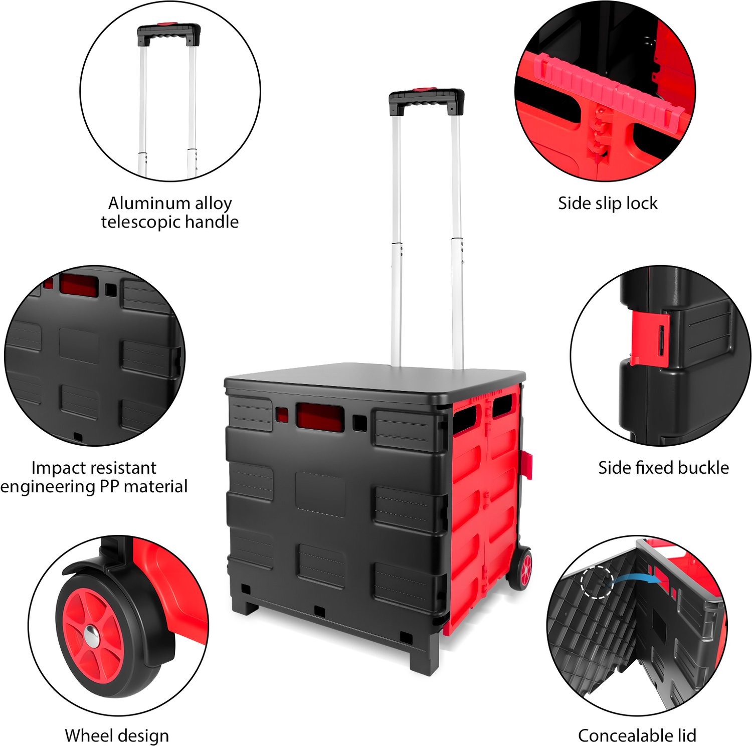 Opvouwbare Transportwagen - 40 kg Draagvermogen - Aluminium Handvat - 2 Wielen - Zwart-Rood - Boekenkar