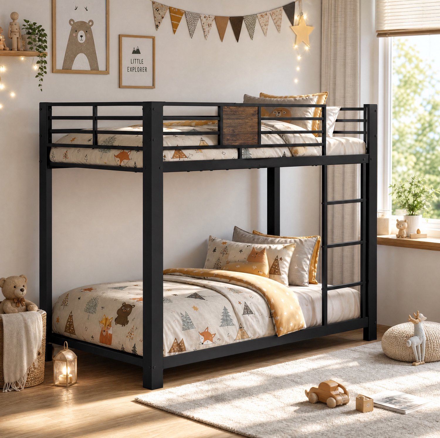 MODFU Stapelbed - Ladder Links Of Rechts - Uitvalbeveiliging - Metaal En MDF - Zwart - 90 X 200 Cm