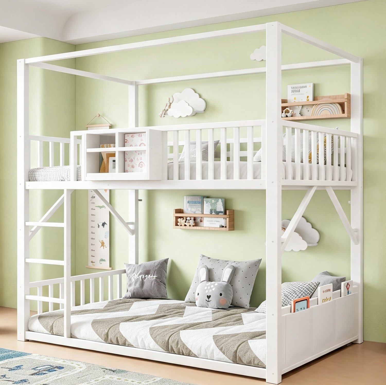 MODFU Stapelbed - Met Dakconstructie En Uitvalbeveiliging - Metaal En MDF - Wit - 90 x 200 cm