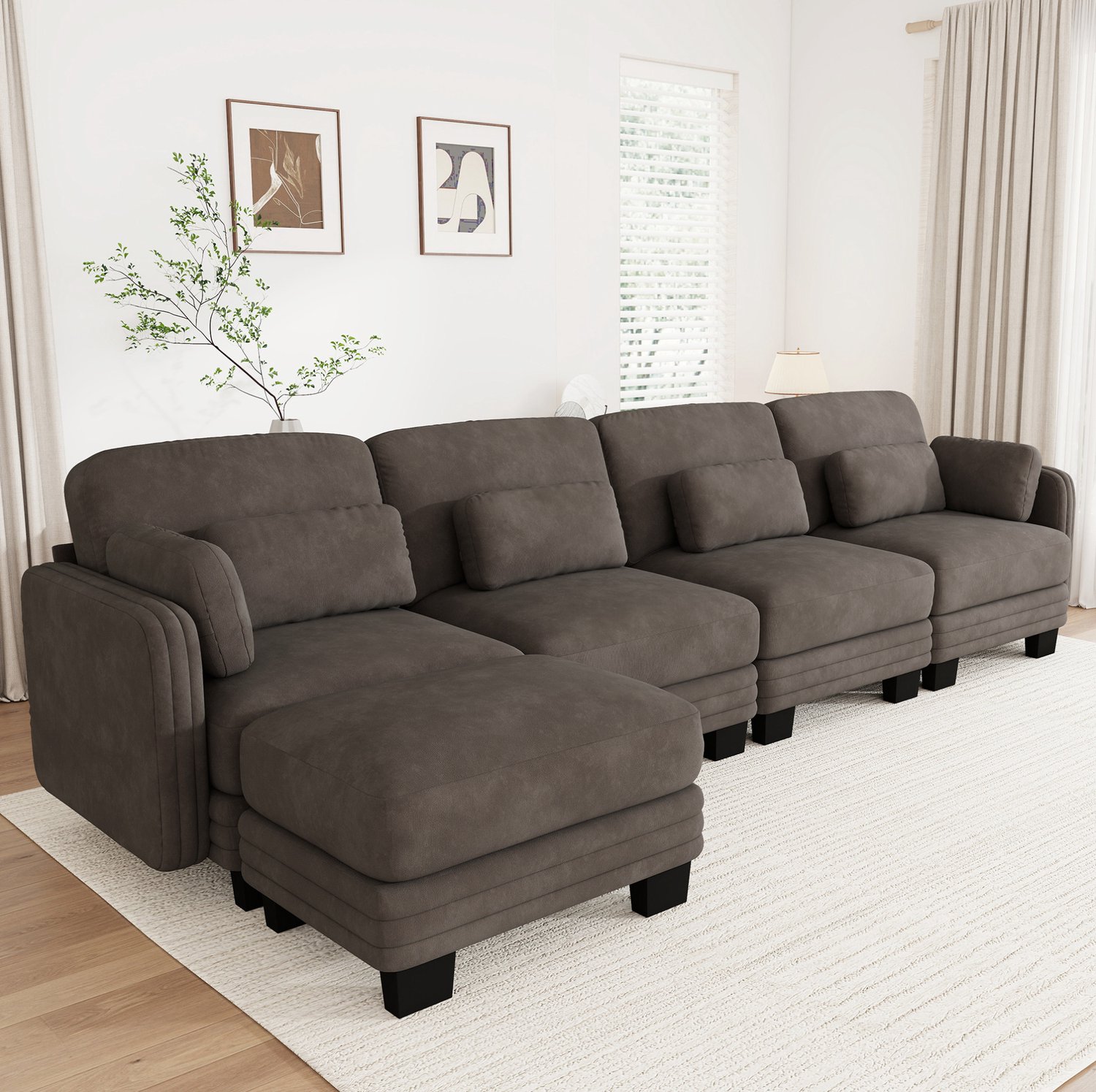 STILVORA Hoekbank 330 x 143 x 88 cm - Modulaire 4-Zitsbank met Poef en Verplaatsbare Kussens - Voor Woonkamer en Appartement - Chenille - Bruin