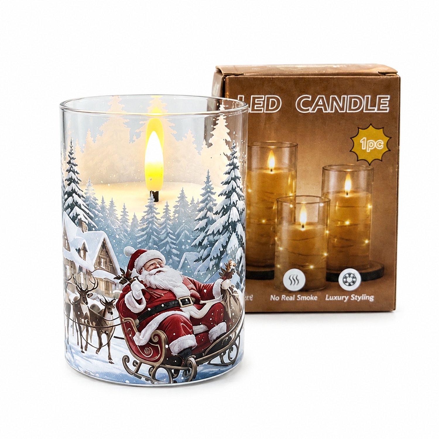 SWGOTA led kaarsen - 1 stuk met kerstmanprint en vlamvormige LED, 7,5 x 10 cm, in kartonnen doos, zonder batterijen Bruin