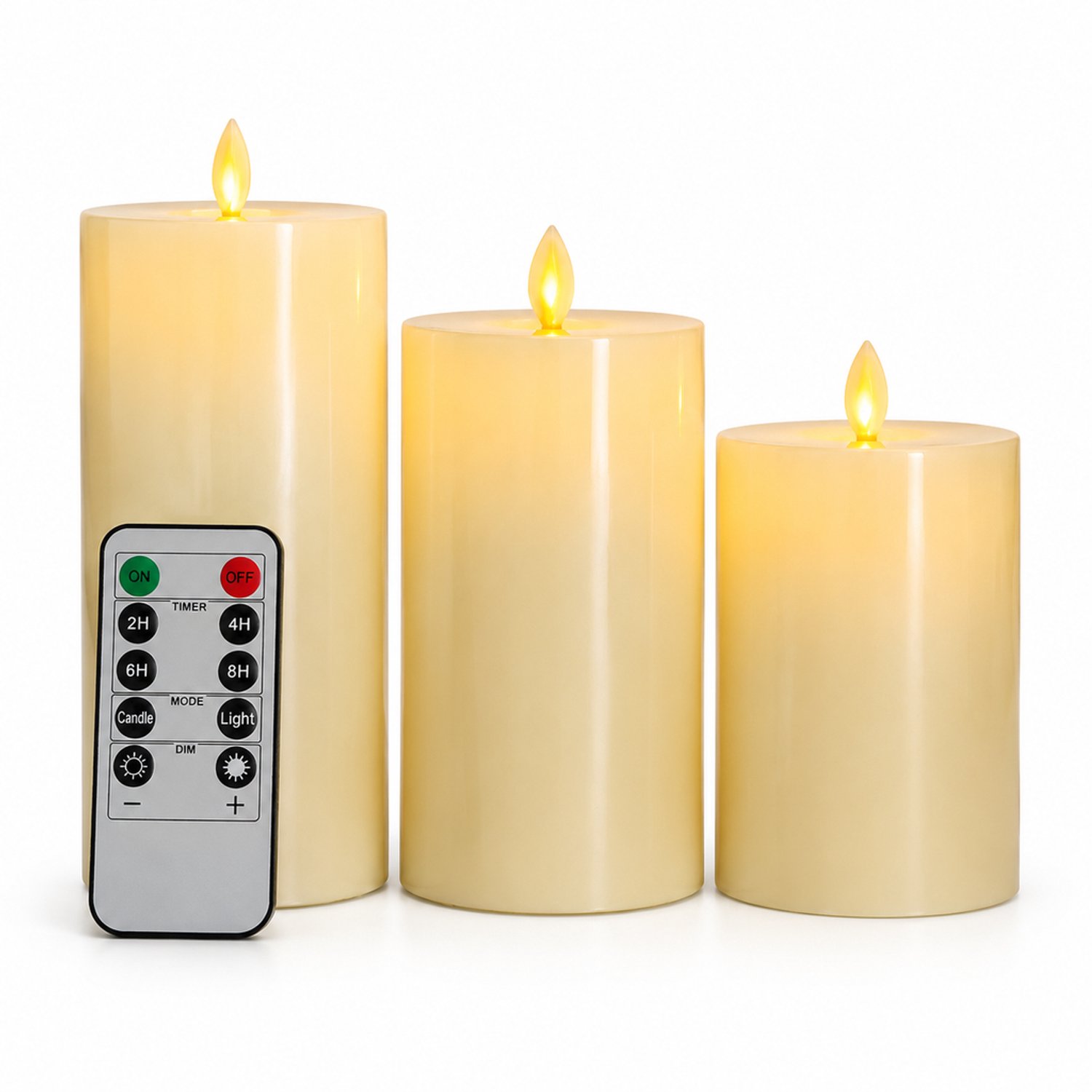 SWGOTA led kaarsen set van 3 met bewegende vlam - Ivoorkleurig paraffine, vlakke bovenkant, 10/12,5/15 cm, 2 AA-batterijen per kaars, inclusief 1 afstandsbediening Ivoorwit