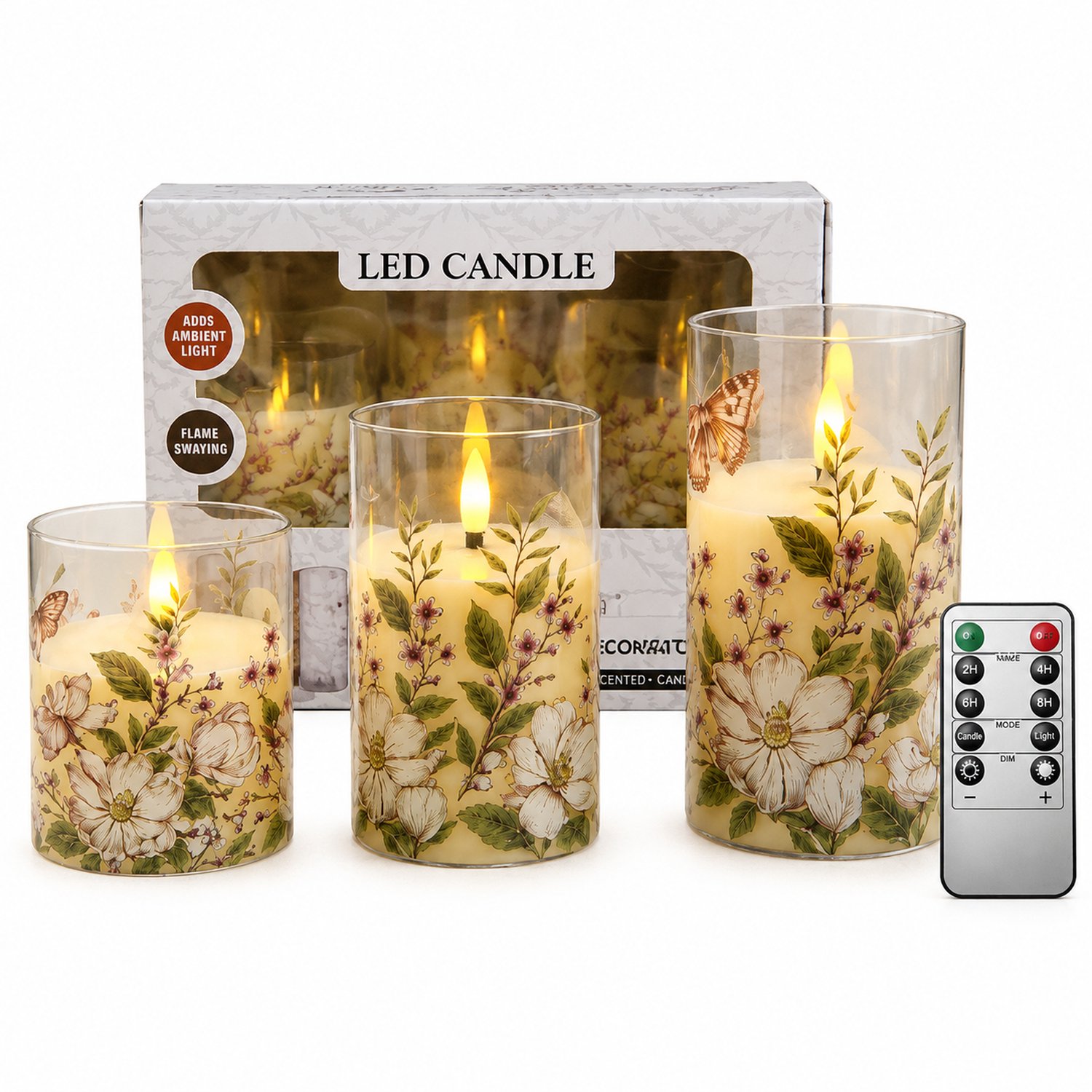 SWGOTA led kaarsen, set van 3 met bloemenmotief, warm licht en vlameffect, met afstandsbediening, zonder batterijen Bruin
