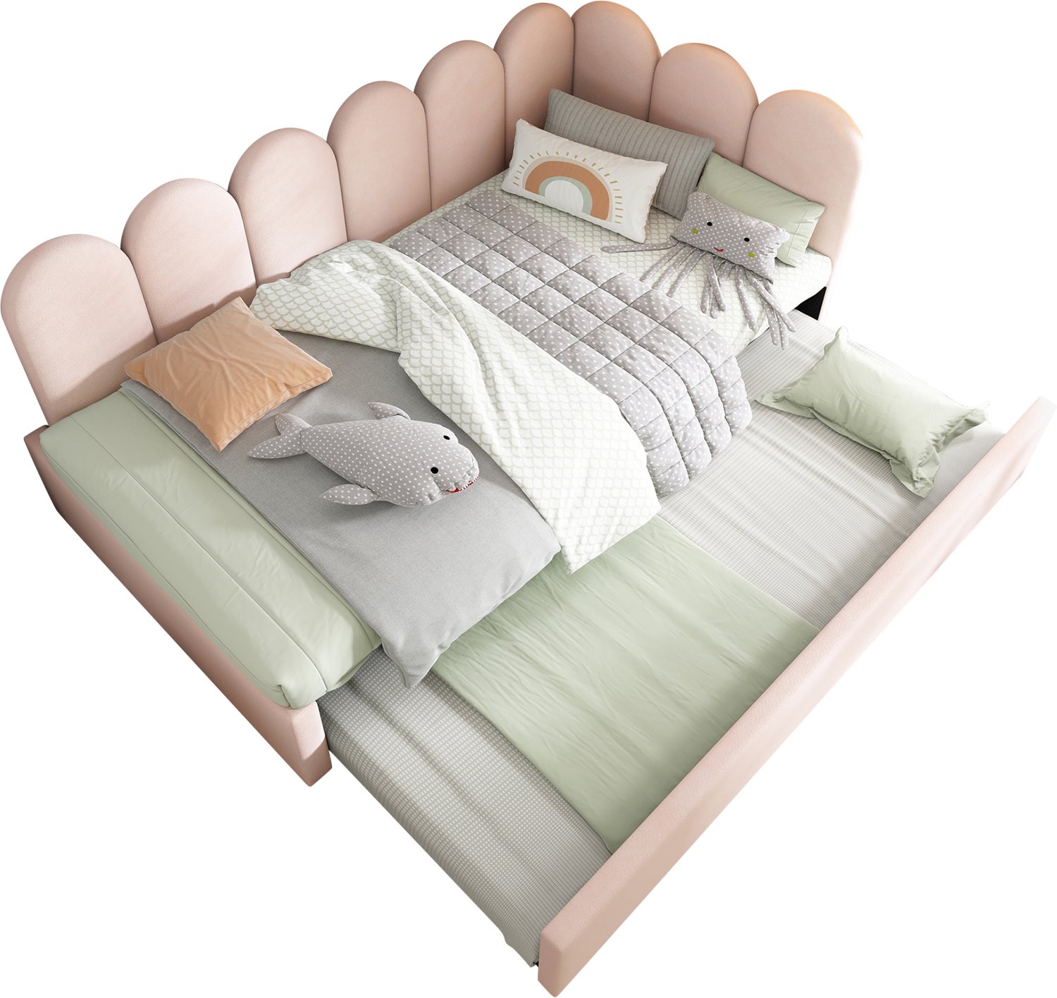MUVANO Roze fluwelen bedbank 90x200 cm - Logeerbed met uitschuifbed 90x190 cm - Lattenbodem - L-vormig frame - Kinder- en logeerkamer - Zonder matras