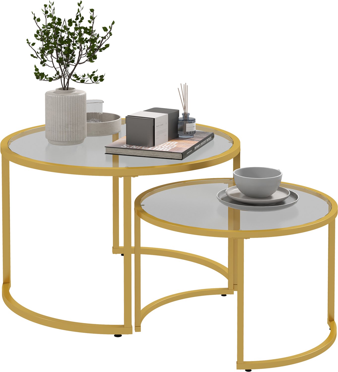 Lunpog Salontafel, rond, set van 2 tafels, van gehard glas en verguld metaal, bijzettafel, moderne bank, voor woonkamer en kantoor, woonkamermeubels, 70 + 54 cm Goud