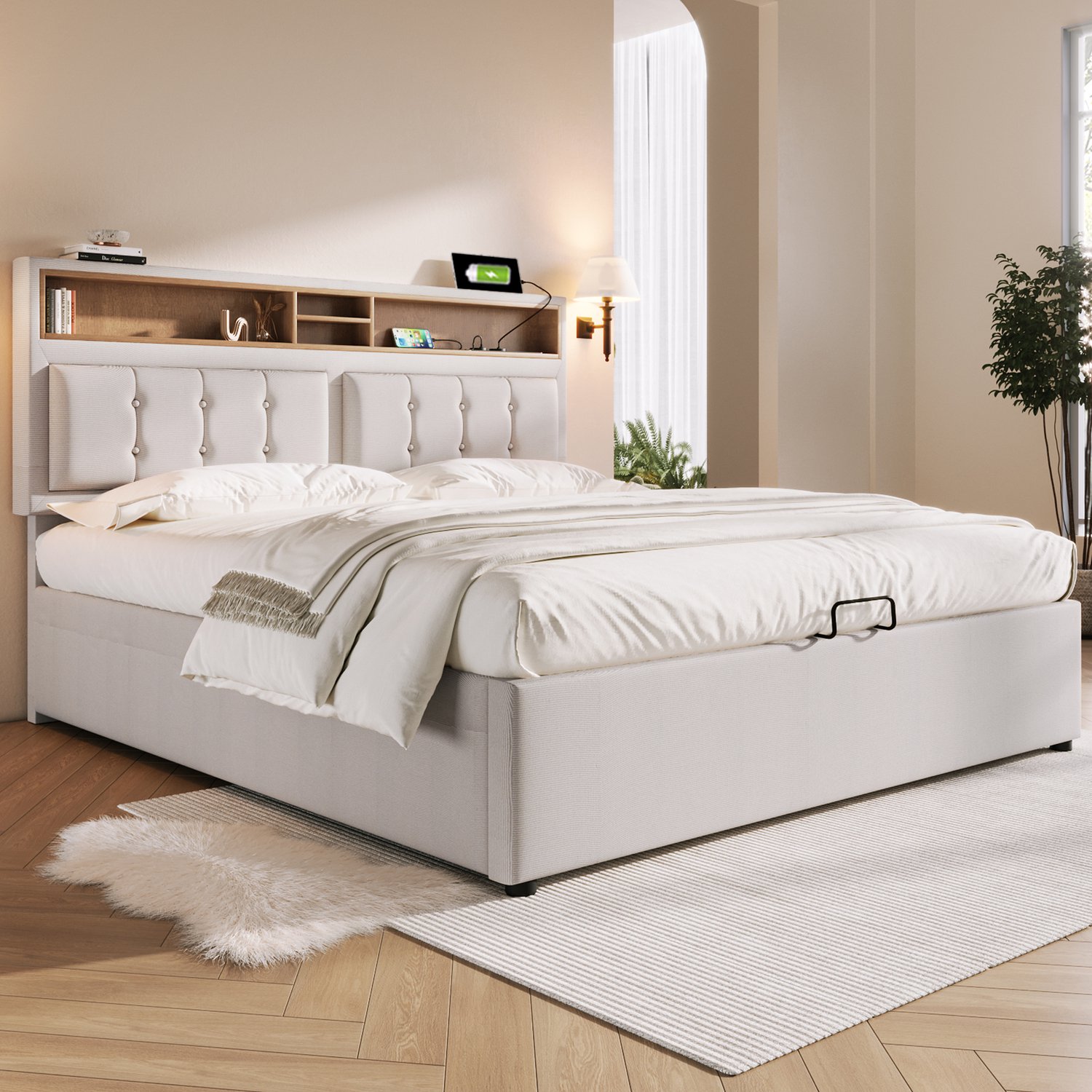 MUVANO Gestoffeerd bed 140x200 - Tweepersoons opbergbed - USB-C en stopcontacten - Linnen en lattenbodem - Verstelbaar hoofdbord - Slaapkamer beige