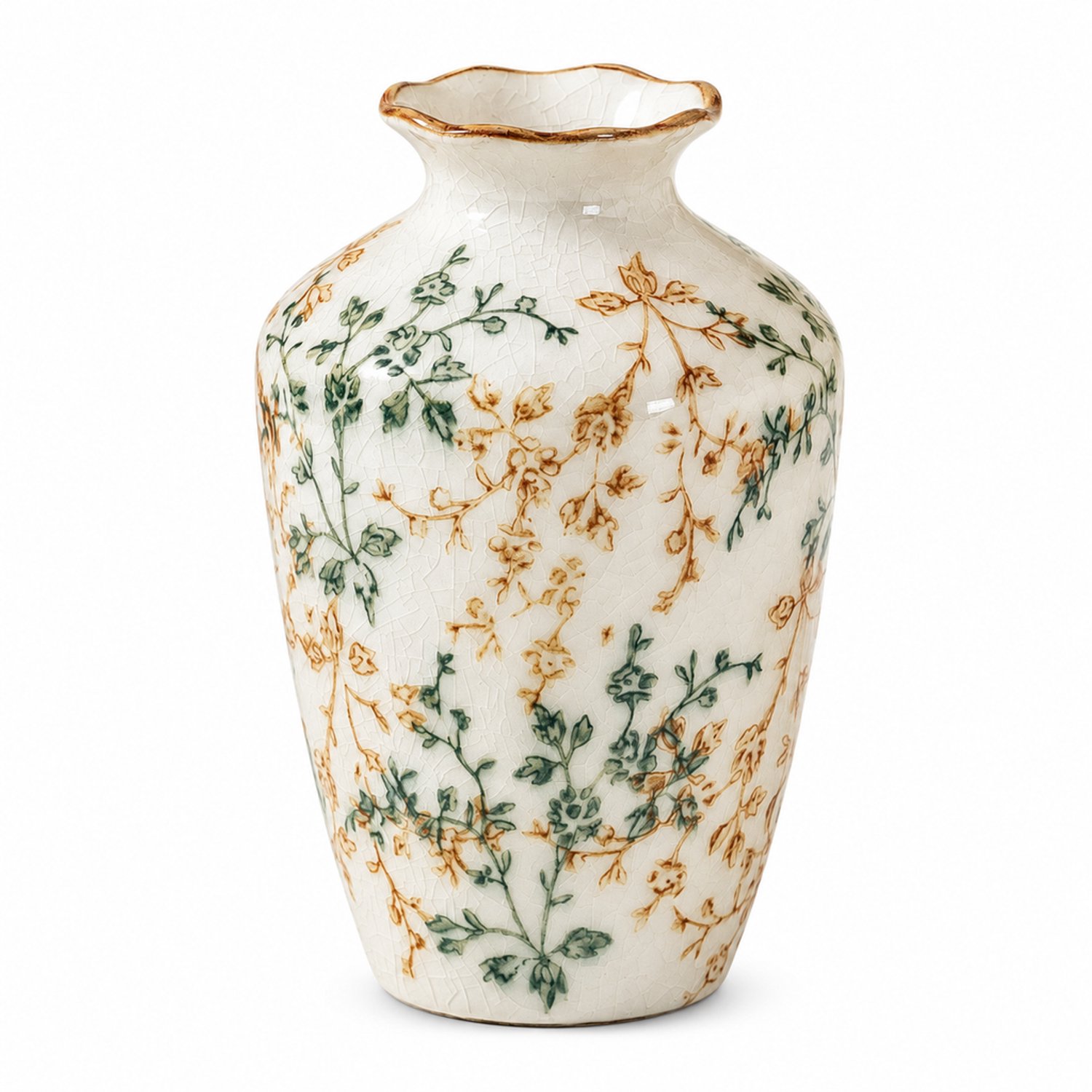 SWGOTA Kleine keramische vaas met craquelé en bloemmotief, golvende rand, 14,2 cm hoog, voor kunstbloemen Crème