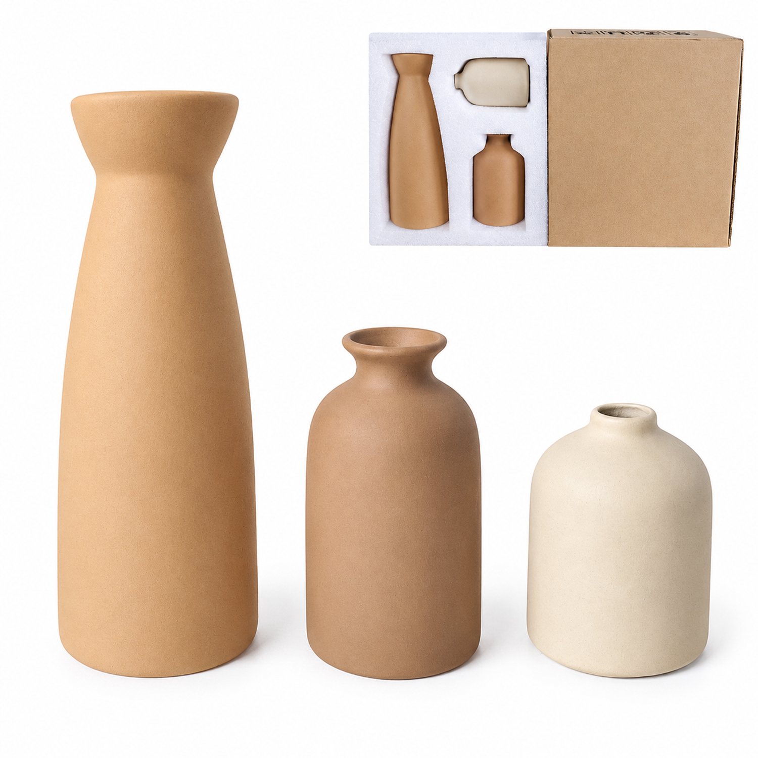 SWGOTA Keramische vazenset 3-delig in bruin en beige - Drie hoogtes voor kunstbloemen en decoratie - Met schuimvulling en binnendoos