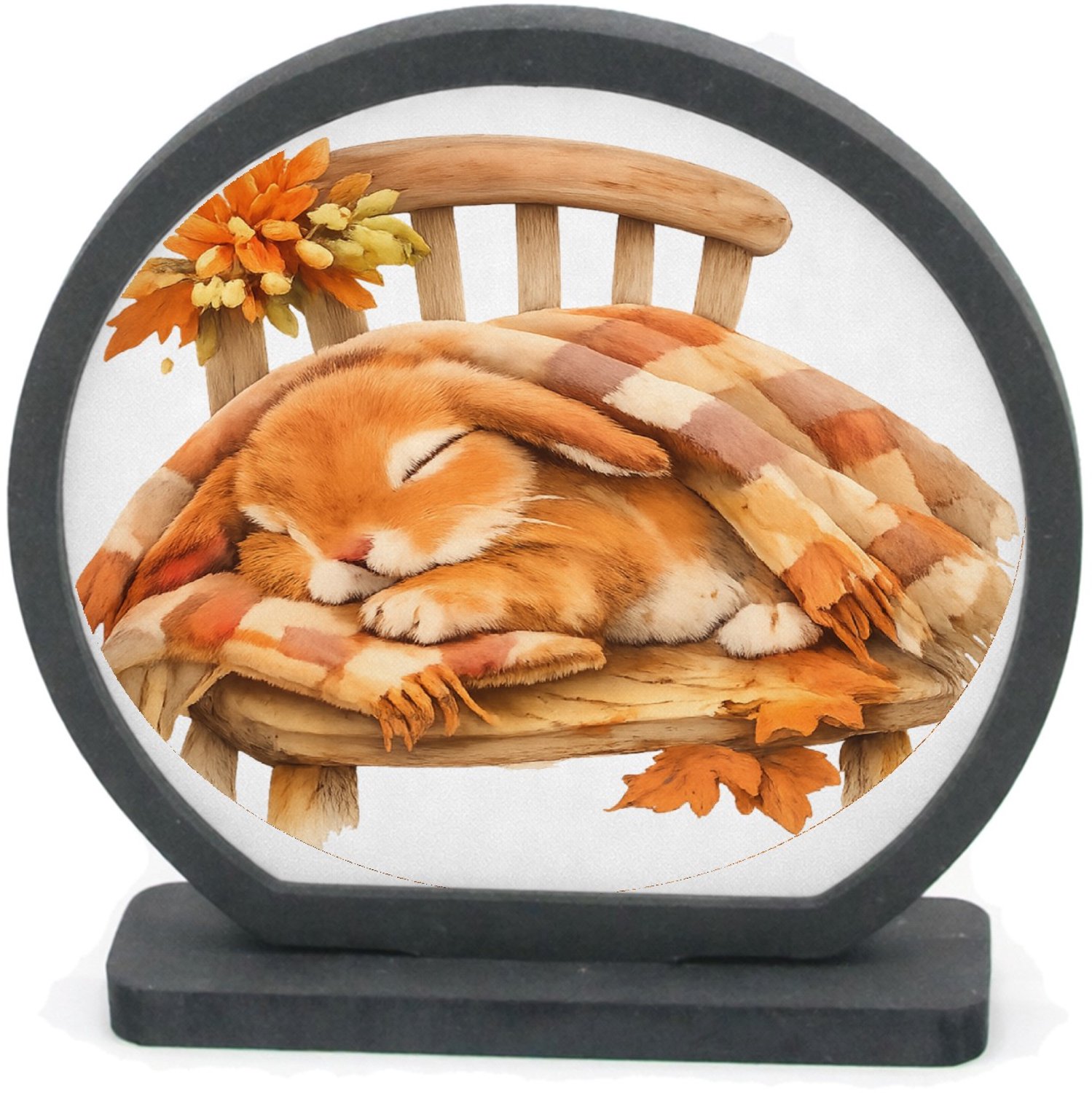 Mr Cadeautjes Houten fotolijst rond met MDF inleg - design Een uitgestrekte konijnendut onder een plaid op een houten s | cadeau Wit