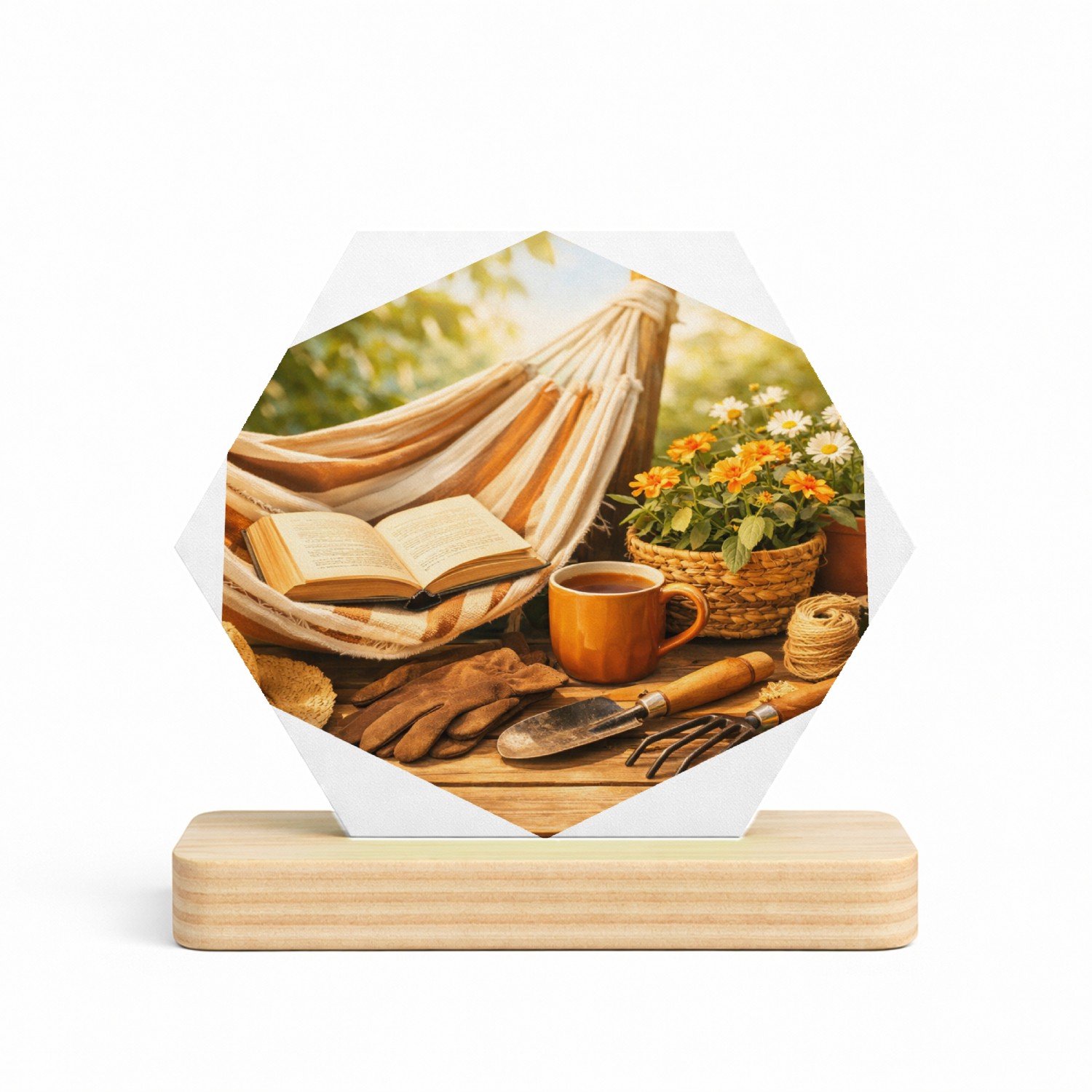 Mr Cadeautjes MDF fotolijst/inleg hexagon 14 x 13 - design Een tuinbank of hangmat in een rustige tuin met hobbyspullen | cadeau Wit
