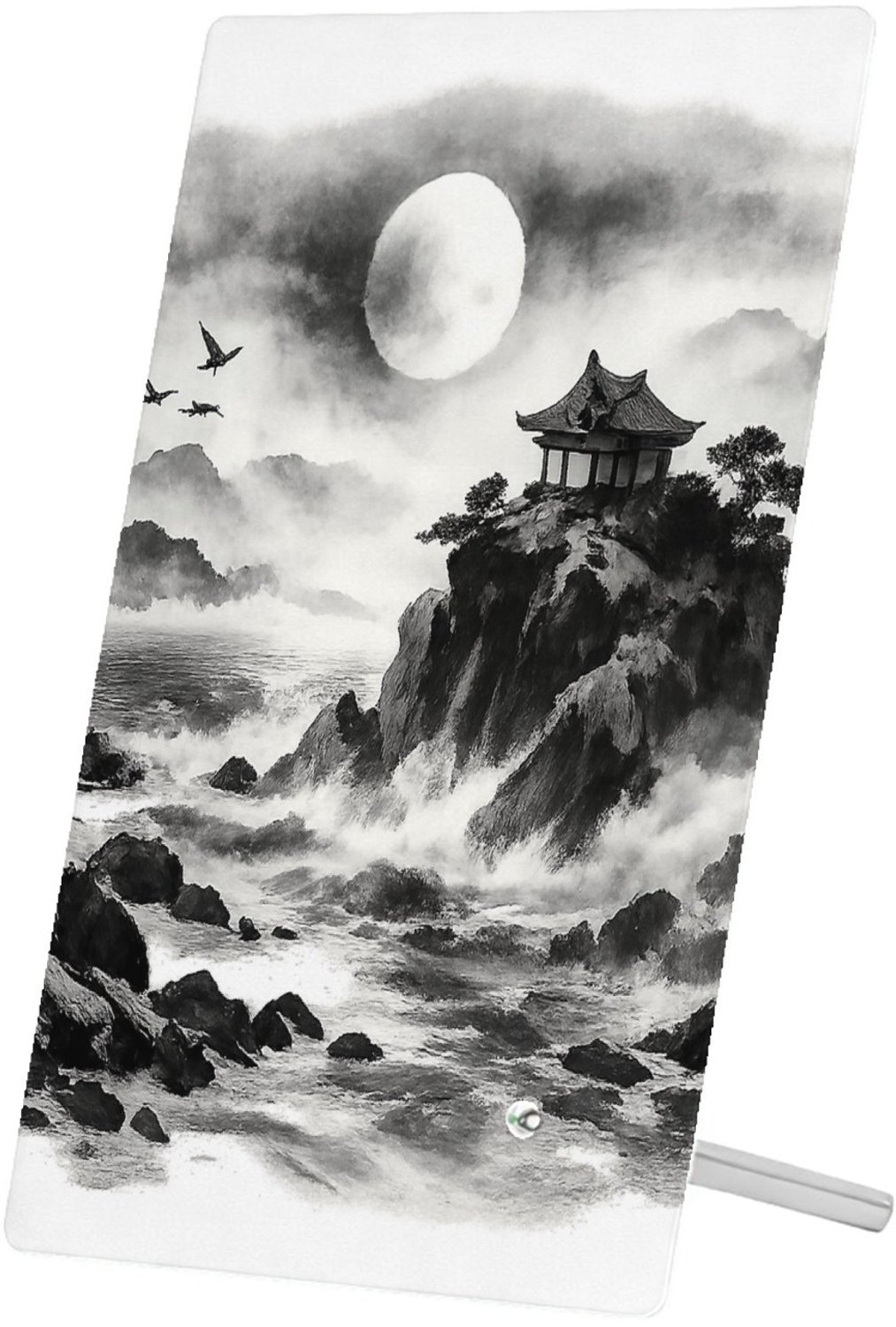 Mr Cadeautjes Glasframe 11 x 16 - design Nachtelijk kustpanorama met rotsen, maan, golven en een klei | cadeau Wit