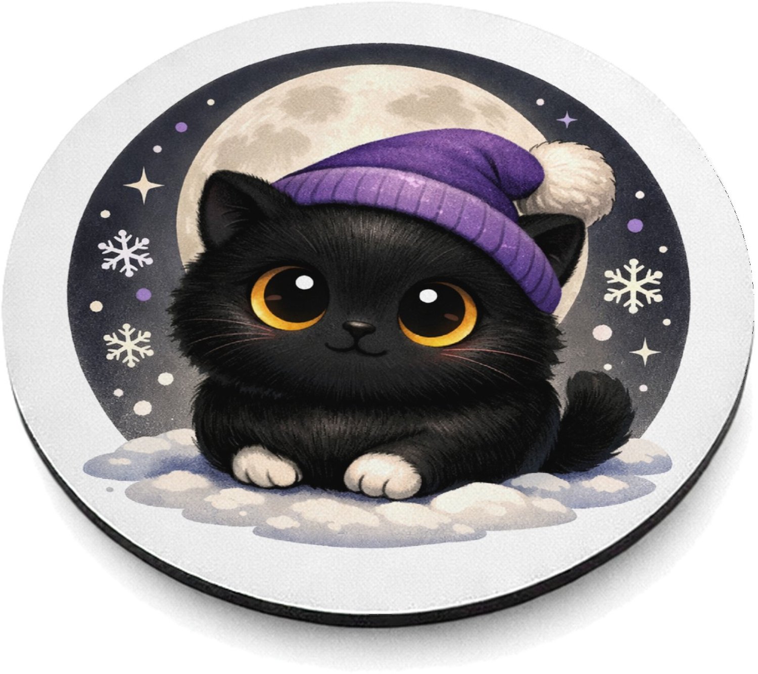 Mr Cadeautjes MDF magnetische fotolijst rond Ø 9,5 - design Lieve pinguïn in winterse nacht | cadeau Wit