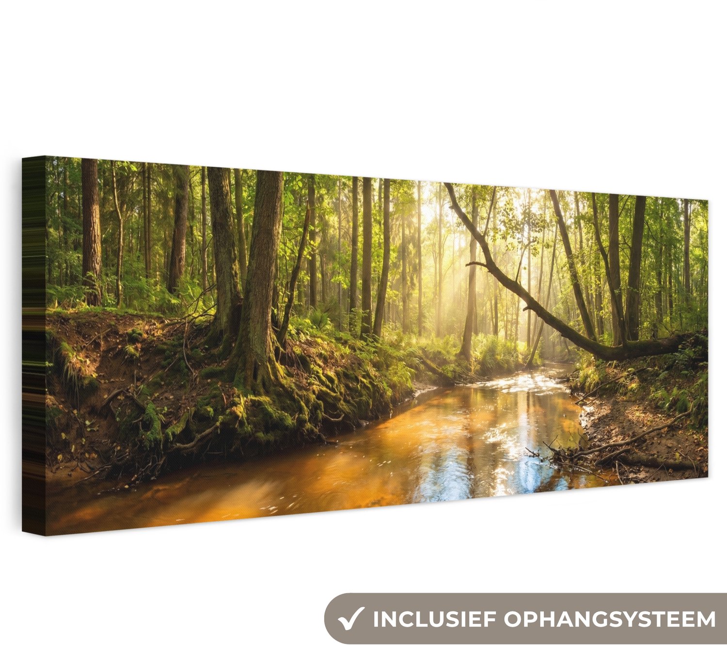 Canvas schilderij 60x20 cm - Exclusieve wanddecoratie Bos - Beek - Zonlicht - Natuur - Groen - Muurdecoratie woonkamer - Slaapkamer decoratie - Kamer accessoires - Schilderijen op canvas