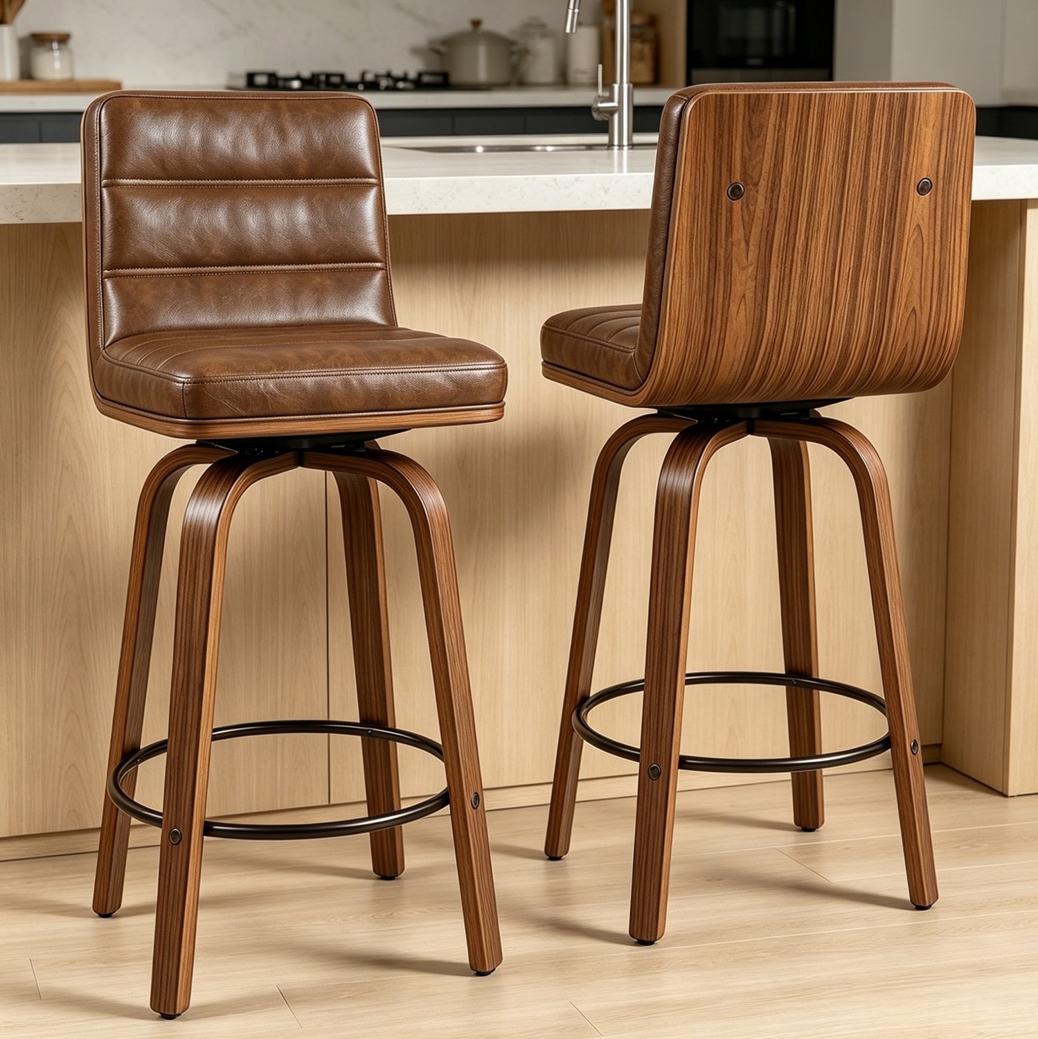 MODFU Barkrukken Set Van 2 - 360° Draaibaar - Met Rugleuning En Voetenring - Hout - Roodbruin