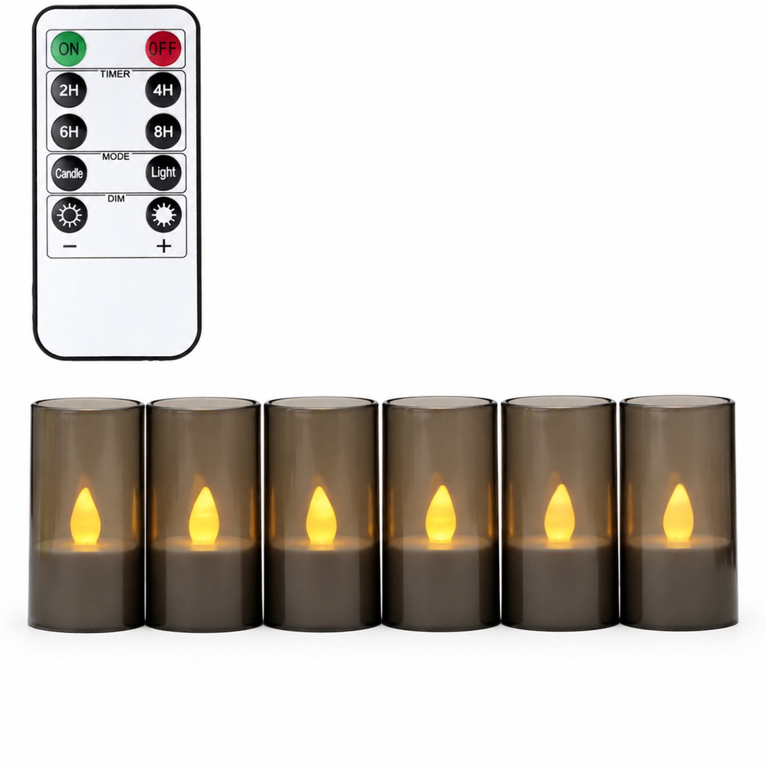 SWGOTA led kaarsen - 6 grijze theelichtjes in cilindervormige cups, warmgele vlamvorm, met afstandsbediening en knoopcel voor de afstandsbediening Grijs