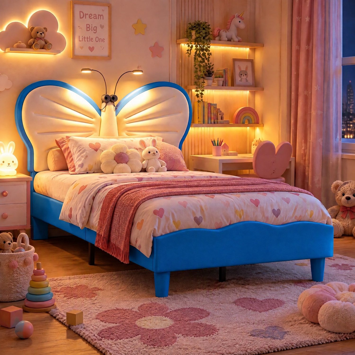 Mofor Gestoffeerd Kinderbed 90x200 cm met Leeslamp en Verstelbaar Vlindervormig Hoofdbord - Fluweel - Blauw/Wit Blauw, Wit