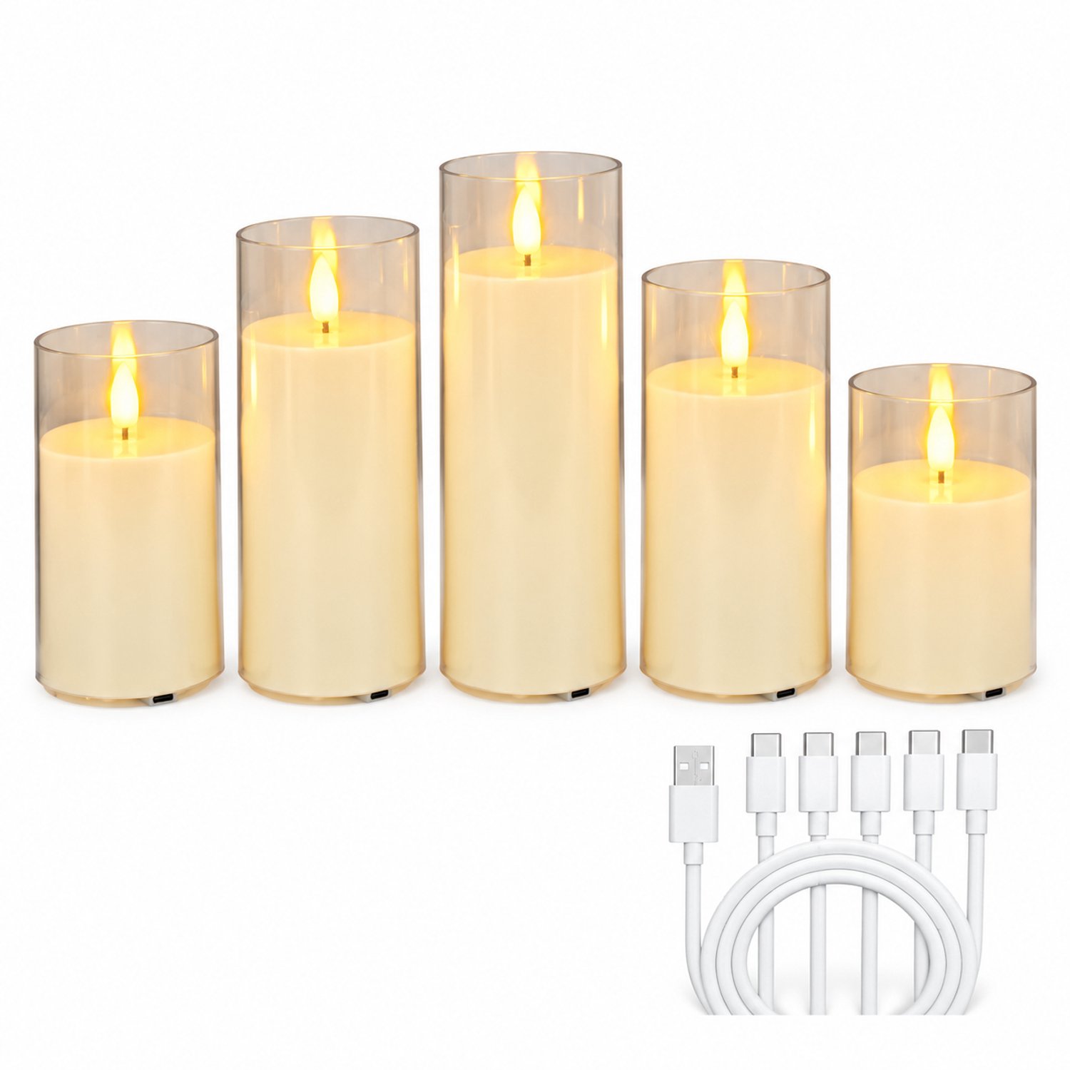 SWGOTA Elektronische kaarsen, oplaadbare set van 5, diameter 7,5 cm, hoogtes 10/12,5/15/17,5/20 cm, transparante cilindrische kap en warm vlamlicht