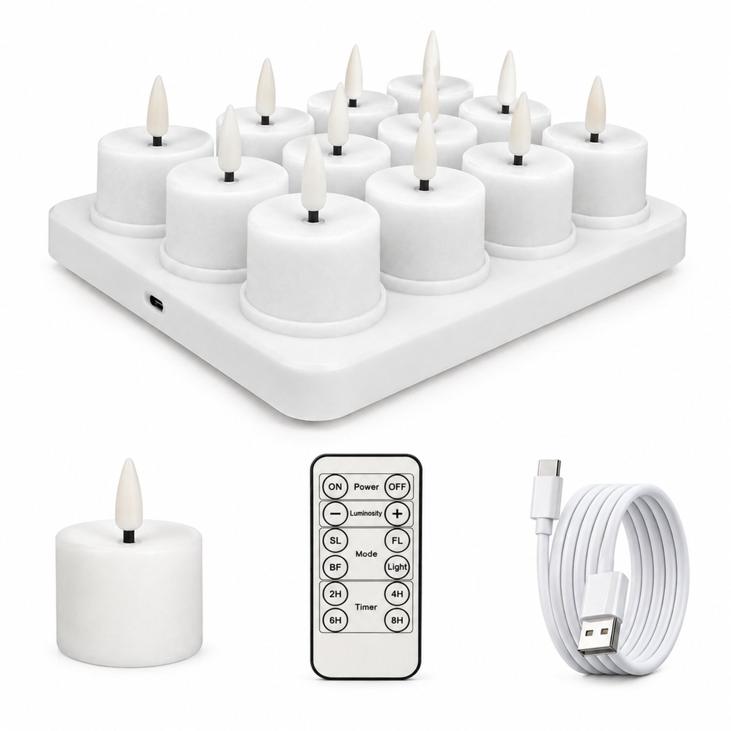 SWGOTA led kaarsen, 12 stuks, glad wit met warm licht, 3 x 4-basis, oplaadbaar via Type-C, met afstandsbediening en laadkabel voor feestelijke tafeldecoratie