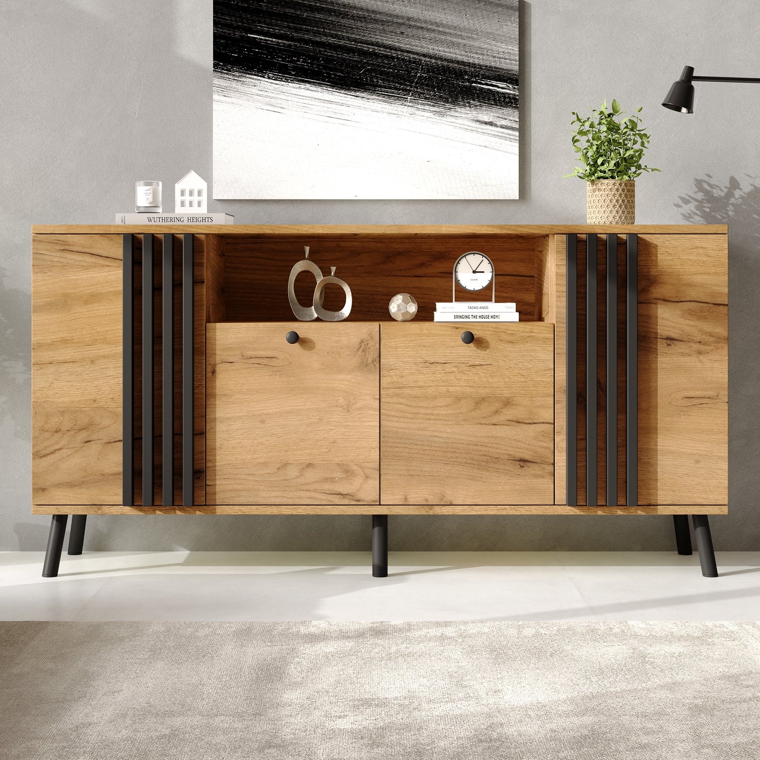 Sweiko Dressoir - 4 deuren opbergkast - MDF - Hout poten - 140 x 35 x 71 cm - Natuurlijke + Zwart