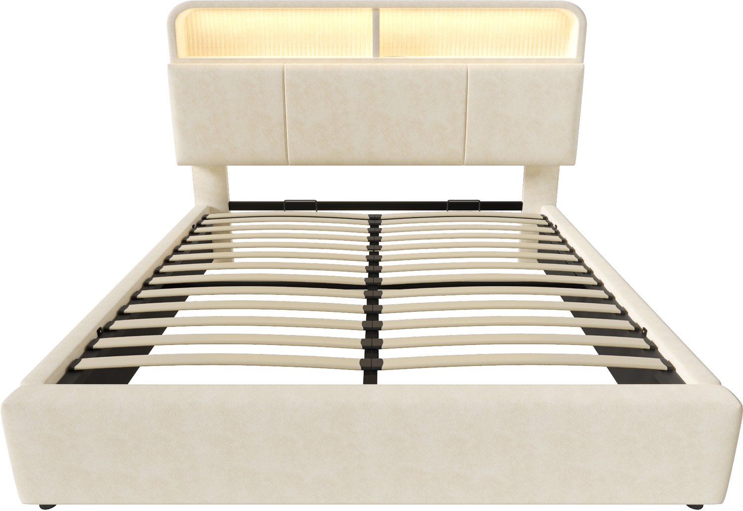 MUVANO Tweepersoonsbed met opbergruimte - Hydraulisch hefmechanisme - LED en USB-C - Fluweel - 140x200 cm - Verstelbaar hoofdbord - Slaapkamer beige