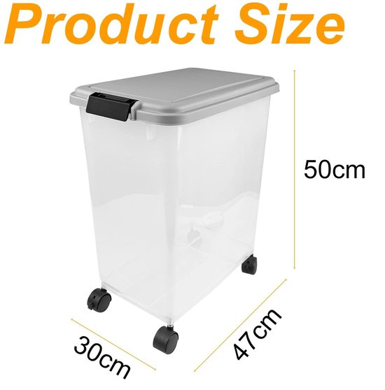 Afmetingen van grijze, transparante voorraadcontainer: 50cm hoog, 47cm diep, 30cm breed.