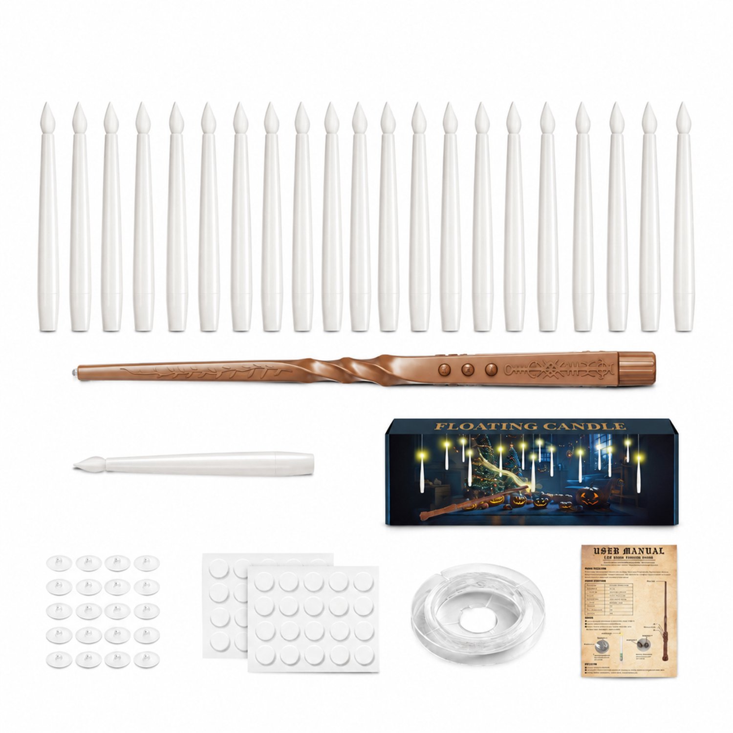 SWGOTA led kaarsen, 20 stuks van 15 cm, met vlamvormige toppen, toverstaf met runen van 30 cm en ophangaccessoires Wit