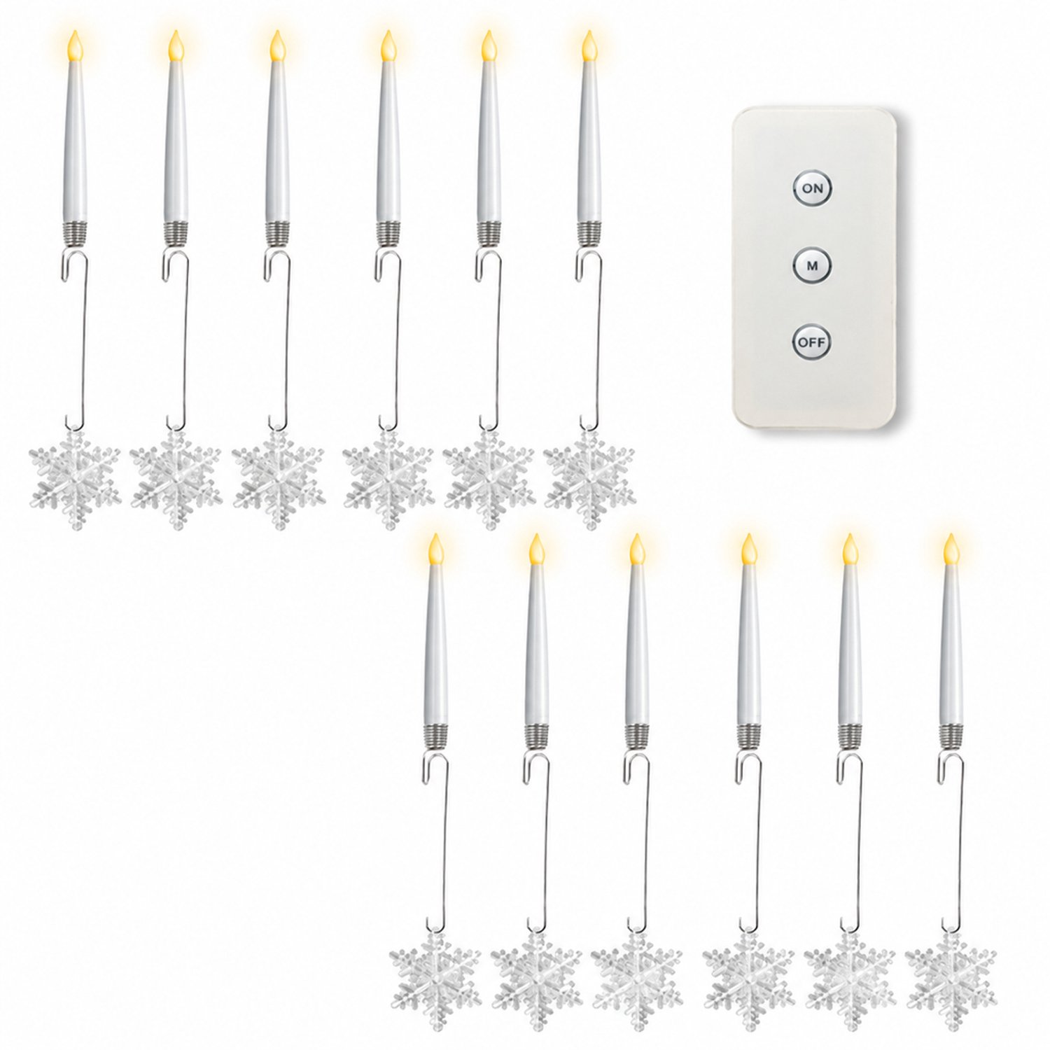 SWGOTA led kaarsen, set van 12 met sneeuwvlokdecoratie en haak, warmkleurige vlamvorm en afstandsbediening, voor kerst- en feestdecoratie Wit