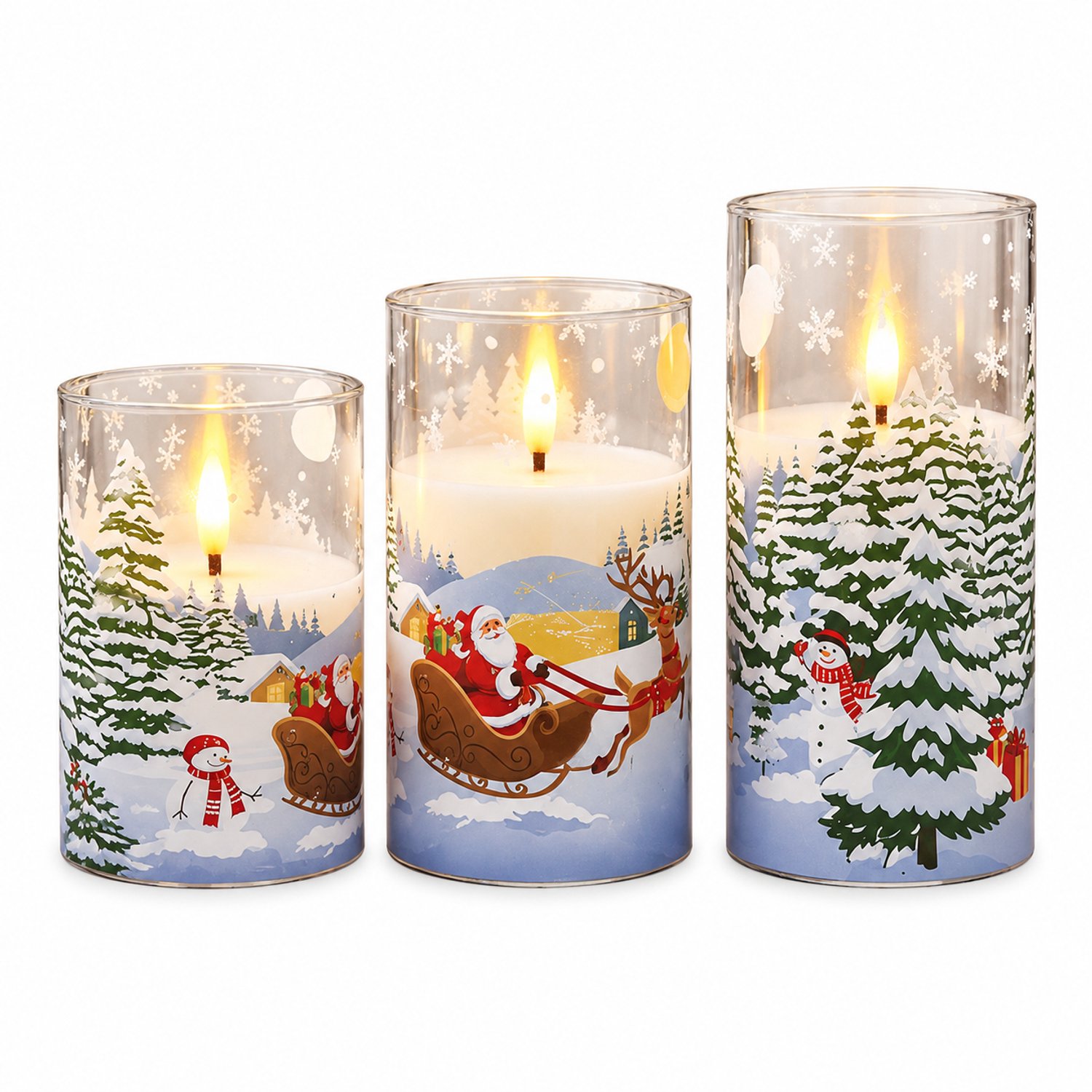 SWGOTA led kaarsen set van 3 met kerstslee en sneeuwdecoratie, verschillende hoogtes, warm licht, batterijvoeding, zonder batterijen Theebruin