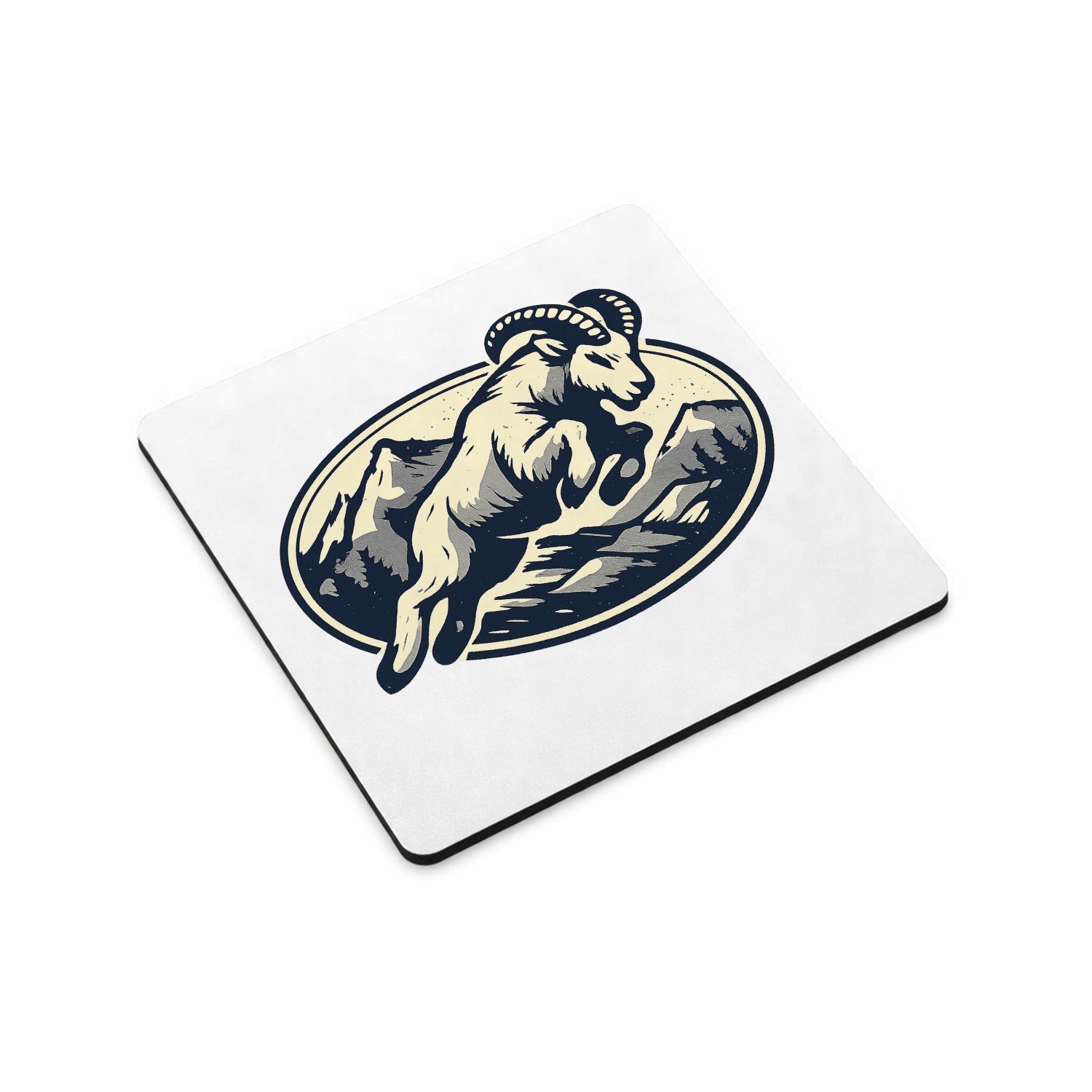 Mr Cadeautjes MDF magnetische fotolijst vierkant 9,5 - design Een krachtige berggeit die schuin over een ronde badge sprin | cadeau Wit