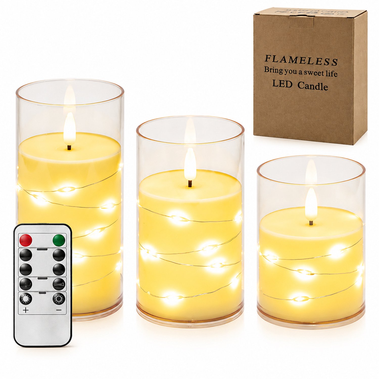 SWGOTA led kaarsen, set van 3, 7,5 cm, warm licht met koperdraad-lichtsnoer, transparante bekers en afstandsbediening, in doos, batterijen niet inbegrepen Ivoor
