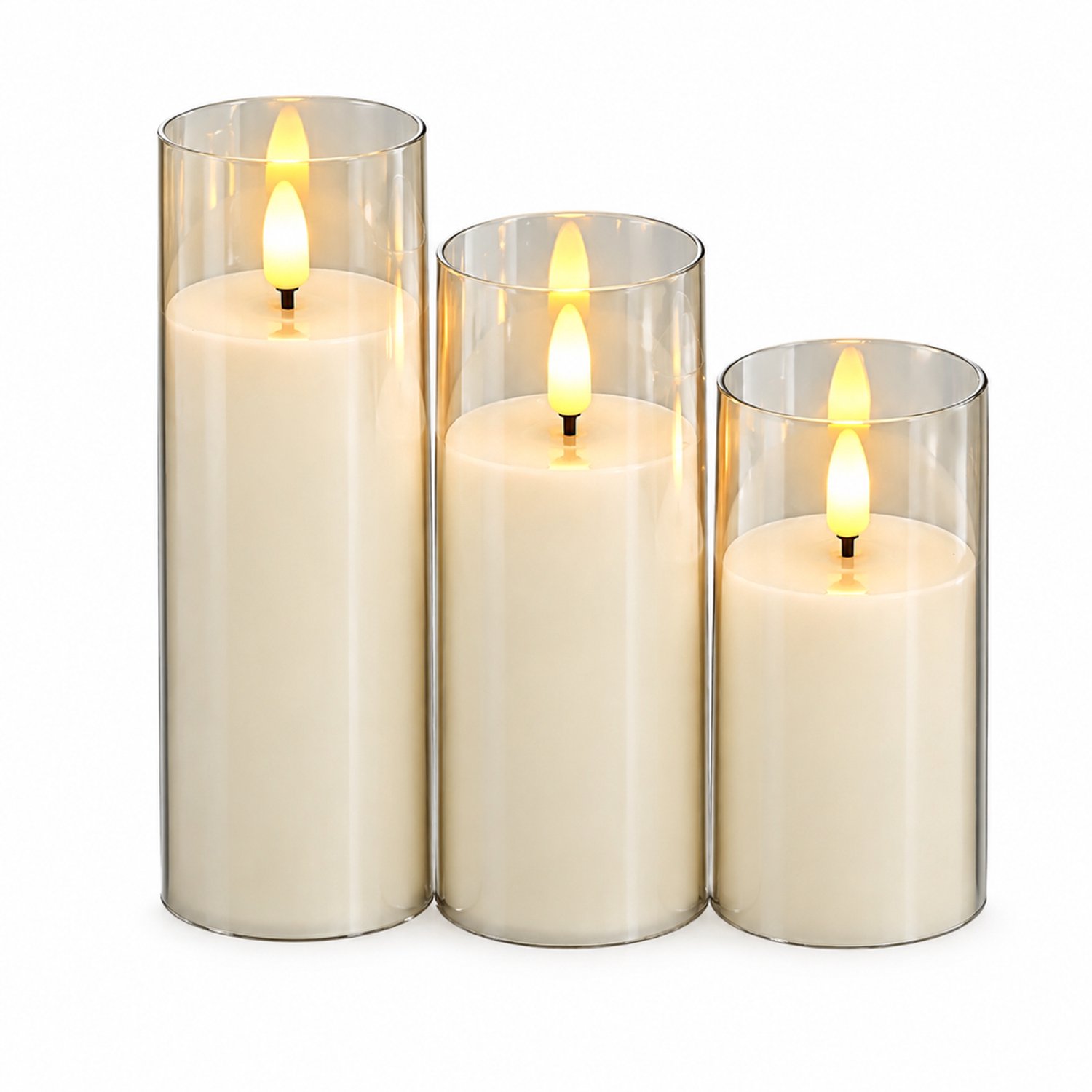 SWGOTA led kaarsen, set van 3, grijze uitvoering met vlamvormig licht en transparante cilindervormige omhulsels, voor feestdecoratie Grijs