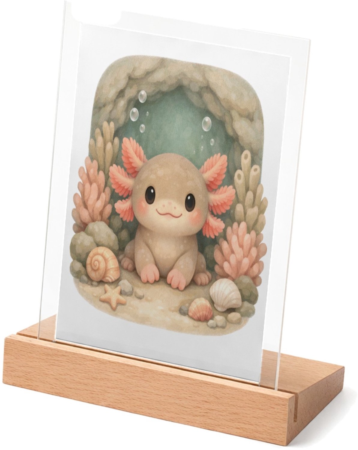 Mr Cadeautjes Glasframe met vaste tekst - design Een frontaal afgebeeld onderwaterdiertje in een zachte koraa | cadeau Wit