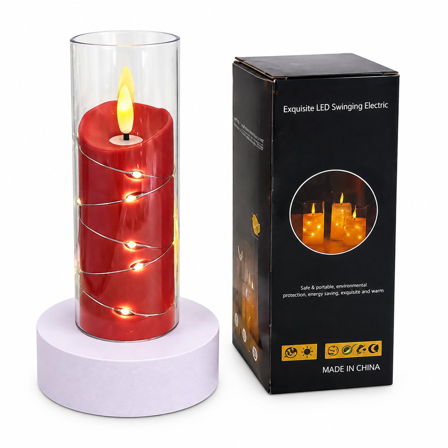SWGOTA led kaarsen: 1 rode kaars met lichtsnoer en transparante cilinder, 5,5 × 15 cm, inclusief batterijen Rood