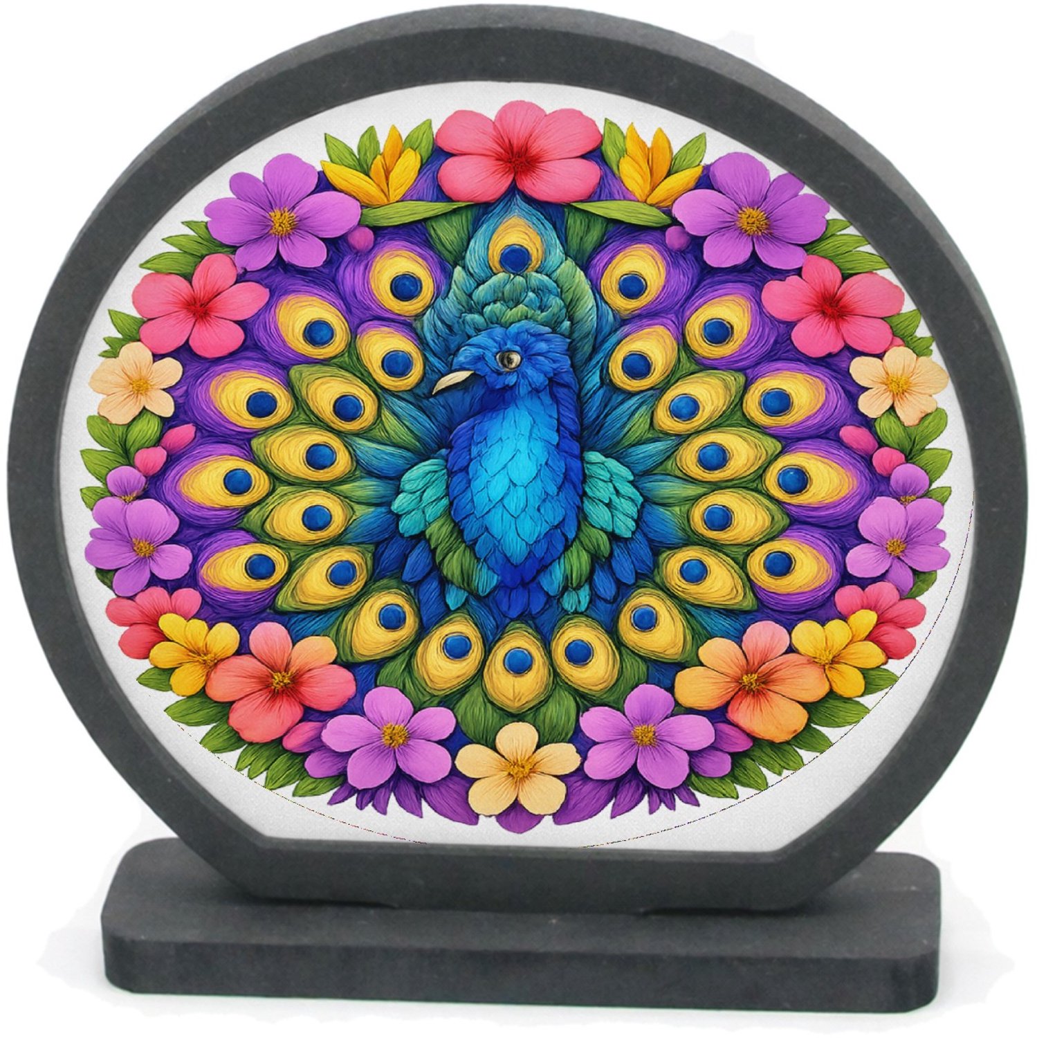 Mr Cadeautjes Houten fotolijst rond met MDF inleg - design Een majestueuze mandala van tropische bladeren en bloemen ro | cadeau Wit