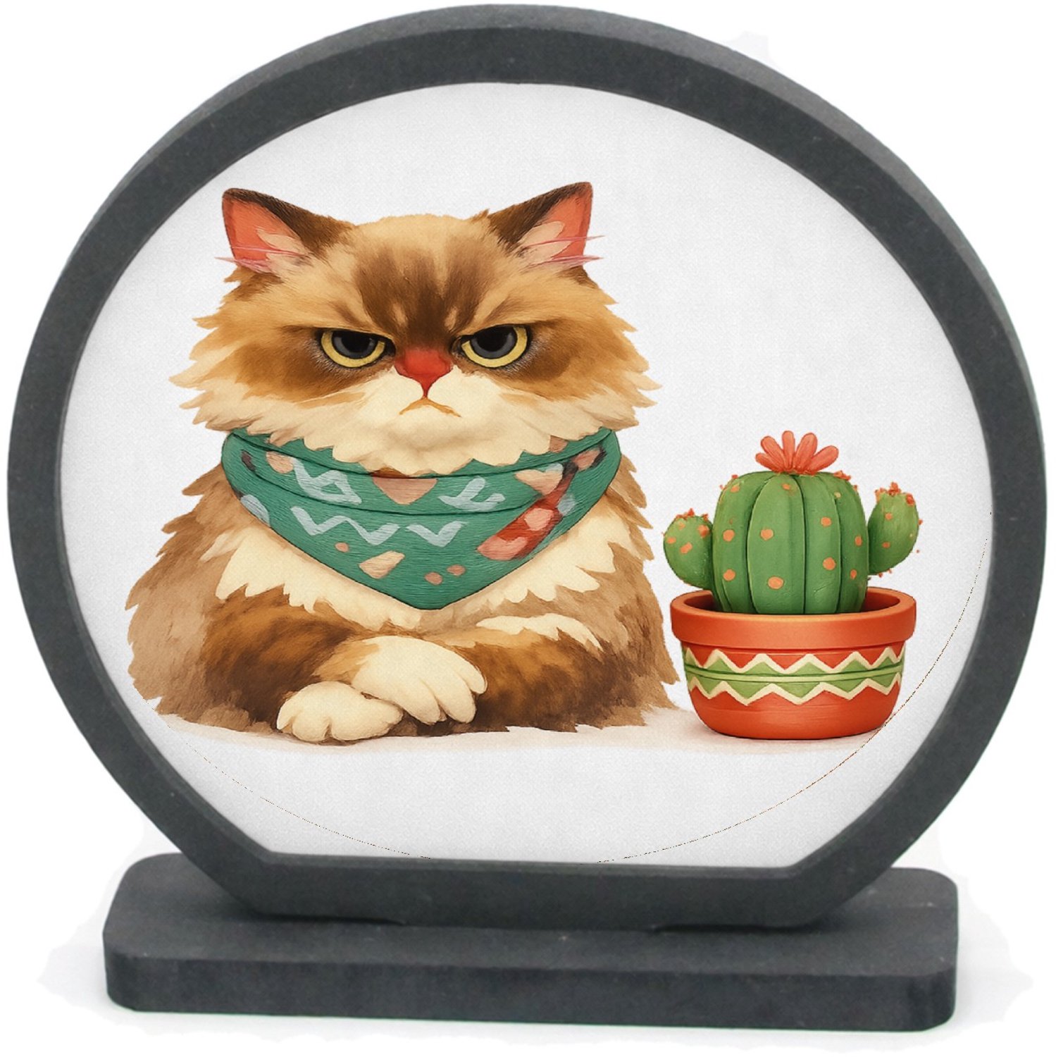 Mr Cadeautjes Houten fotolijst rond met MDF inleg - design Een norse egel met een kleine bloempot vol stekelige vetplan | cadeau Wit