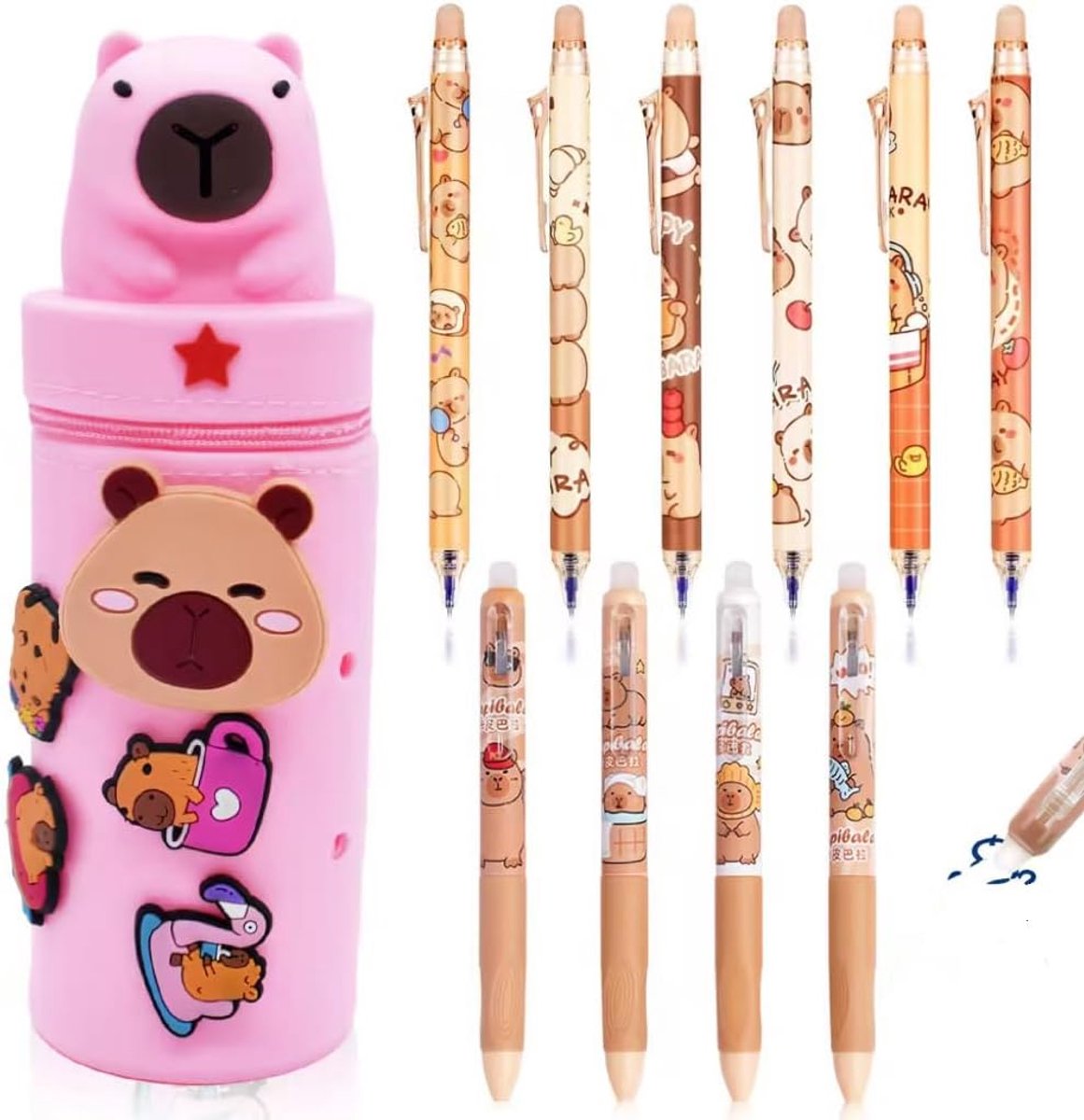 Kawaii Pencil Case for School 2 in 1 Soft Silicone + 10 Retractable Erasable Erasable Pens Table Pen Holder Zip Pen - ShopVlot