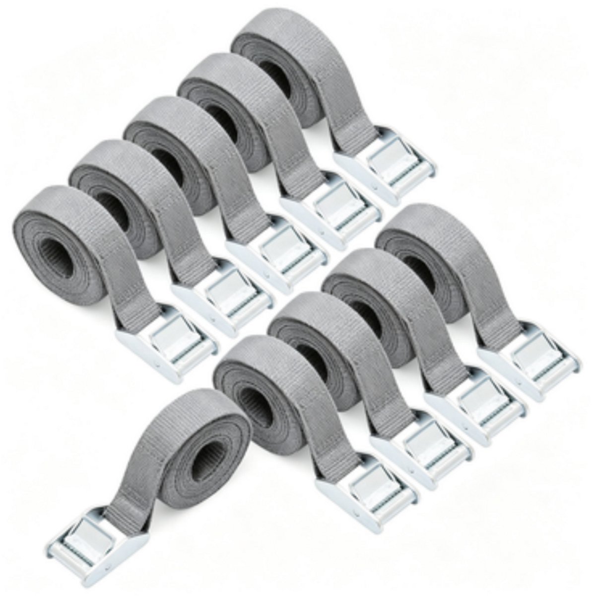 Spanbanden – 2,5 m lang, 25 mm breed – Draagvermogen 150 kg – Set van 10 – Banden met klemgesp van zinklegering voor ladingzekering – Grijs