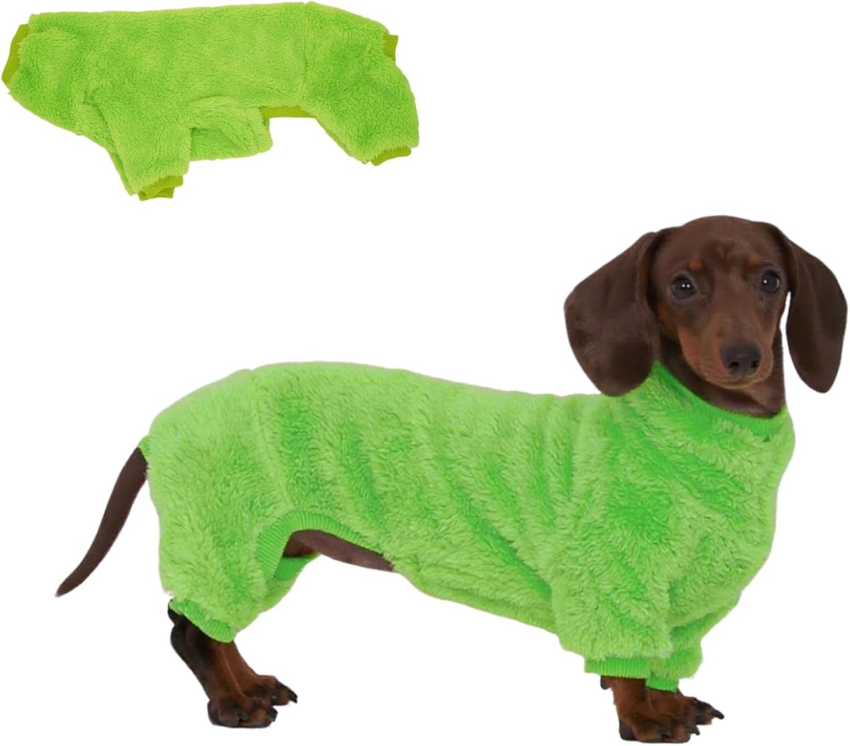 Hond Fleece Jumpsuit Ronde Hals Sweater, Geschikt voor Teckels, Winter Zachte Gezellige Hondenpyjama Kleding (Helder Groen, Klein)