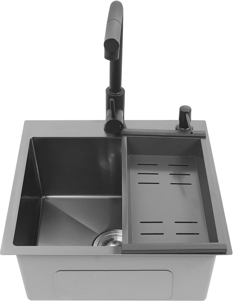 Zwart, 45 x 45 x 18 cm, roestvrij stalen spoelbak met uittrekbare kraan en afdruipvlak, 1 spoelbak, inbouwspoelbak, keukenwastafel voor huishoudens, restaurants en wasserijen