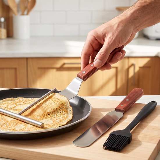 Set van 4 pannenkoekverdelers van 304 roestvrij staal, pannenkoekenpannenkoeken, accessoires, spatel en pastastandaard in T-vorm siliconen borstel, anti-aanbak-keukengerei voor pannenkoeken en taarten — afbeelding 5