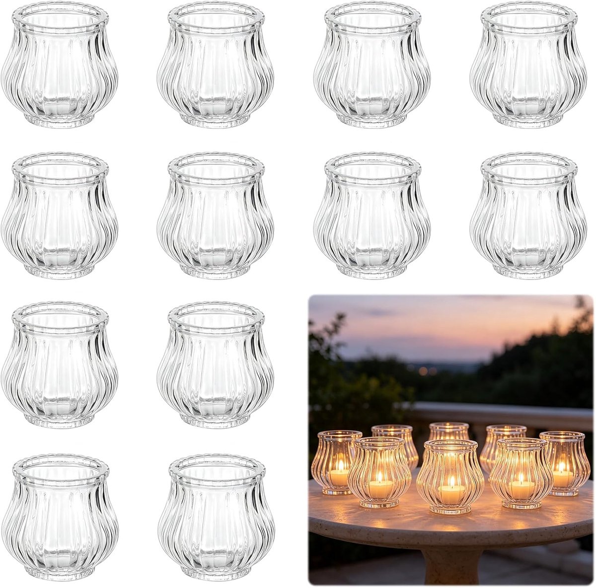Theelichthouders glas, geribbelde theelichthouders van glas, transparant theelichtglas Kerstmis, kleine kaarsenglazen, votiefkaarsenhouder voor tafel, Kerstmis, bruiloft, decoratie, voor