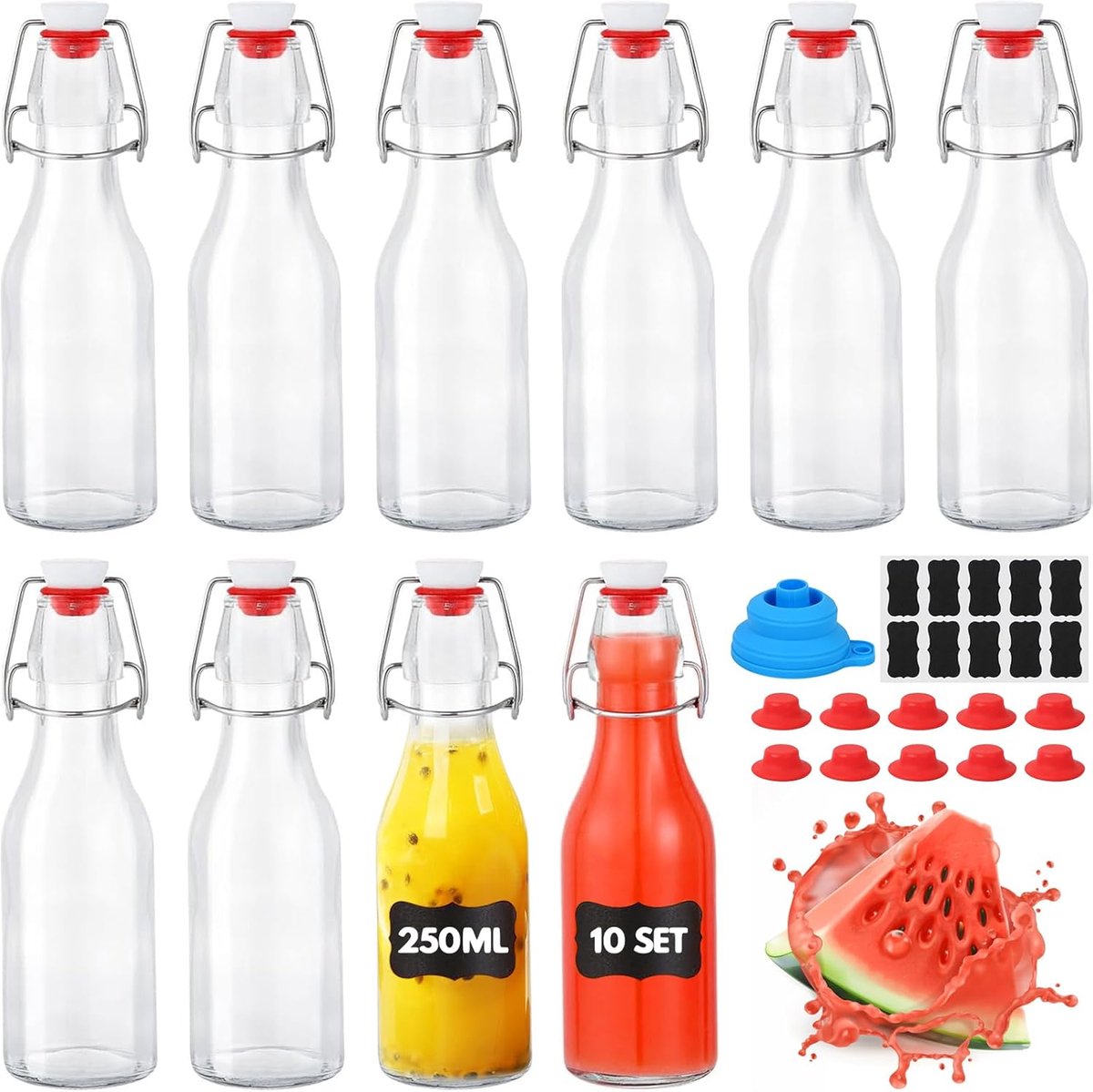 Flessen 250 ml met beugelsluiting, 10 stuks glazen flessen om te vullen, kleine flessen om te vullen met 10 extra afdichtingen, 10 etiketten, trechter, beugelflessen voor olie, azijn, sap en