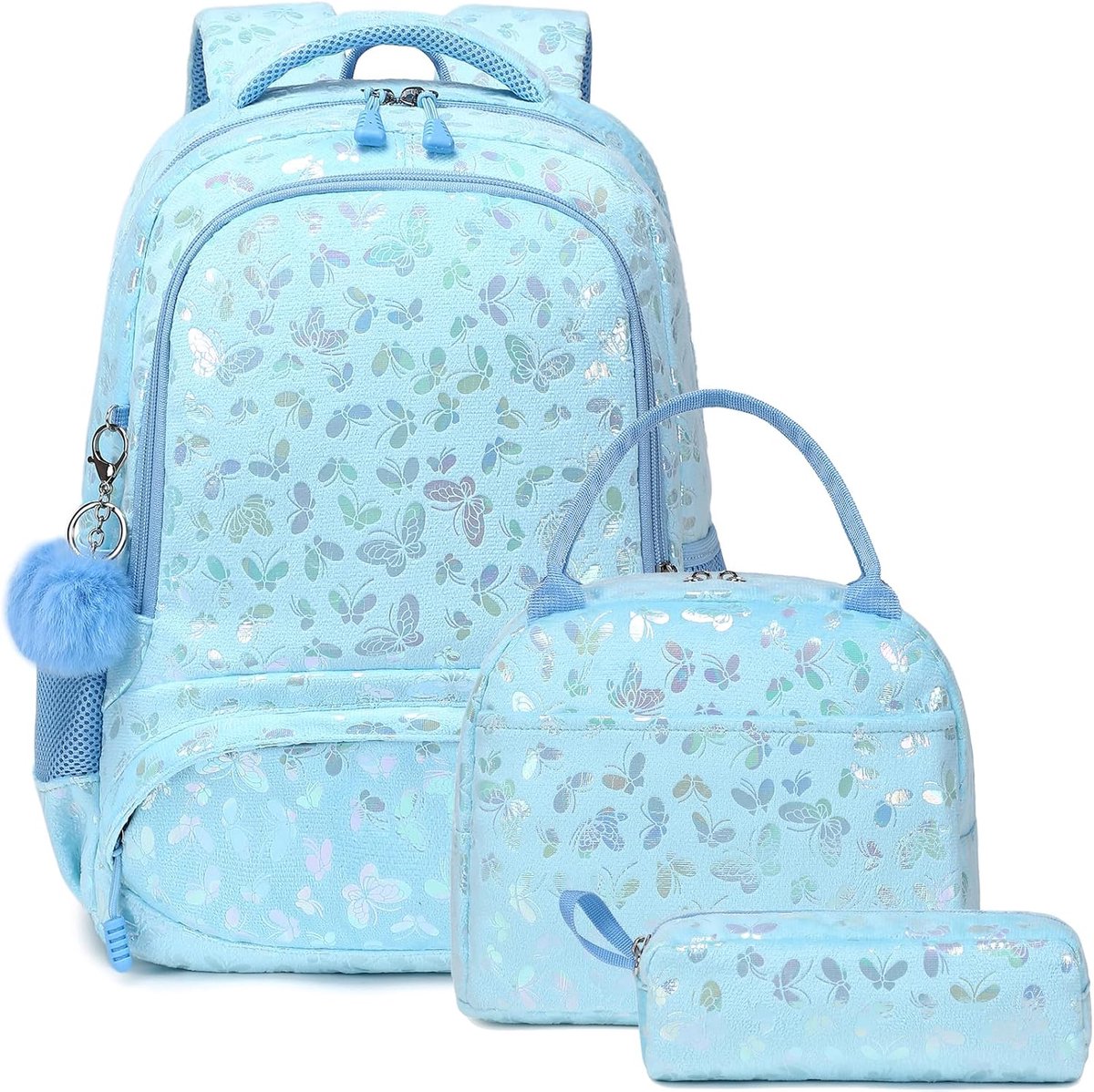 Schooltassen voor meisjes, glitterrugzak, regenboog, schooltasset, eenhoornrugzak voor kinderen, rugzak, meisjes, casual dagrugzak voor school, reizen, Pluche Vlinder Blauw, Eén maat, Vrouwelijk