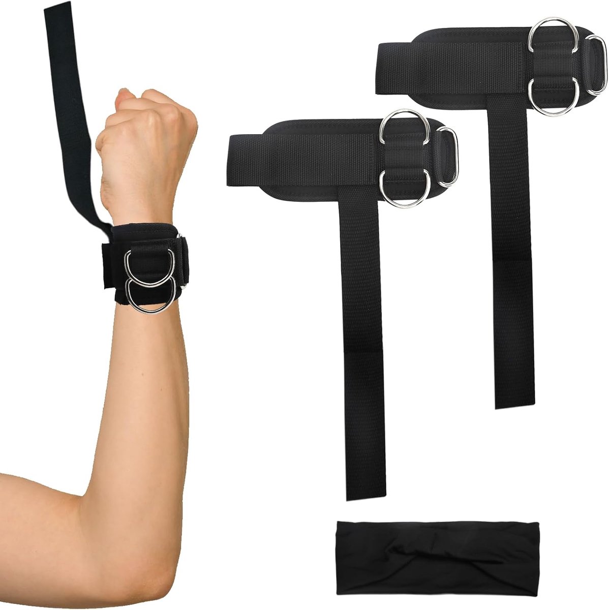 SnelShoppen - Pack van 2 Gewichtheffen Polsbanden met D-Ringen, Fitness Bands voor Krachttraining, Bodybuilding Straps, Sporthoofdband, Duurzaam SBR M