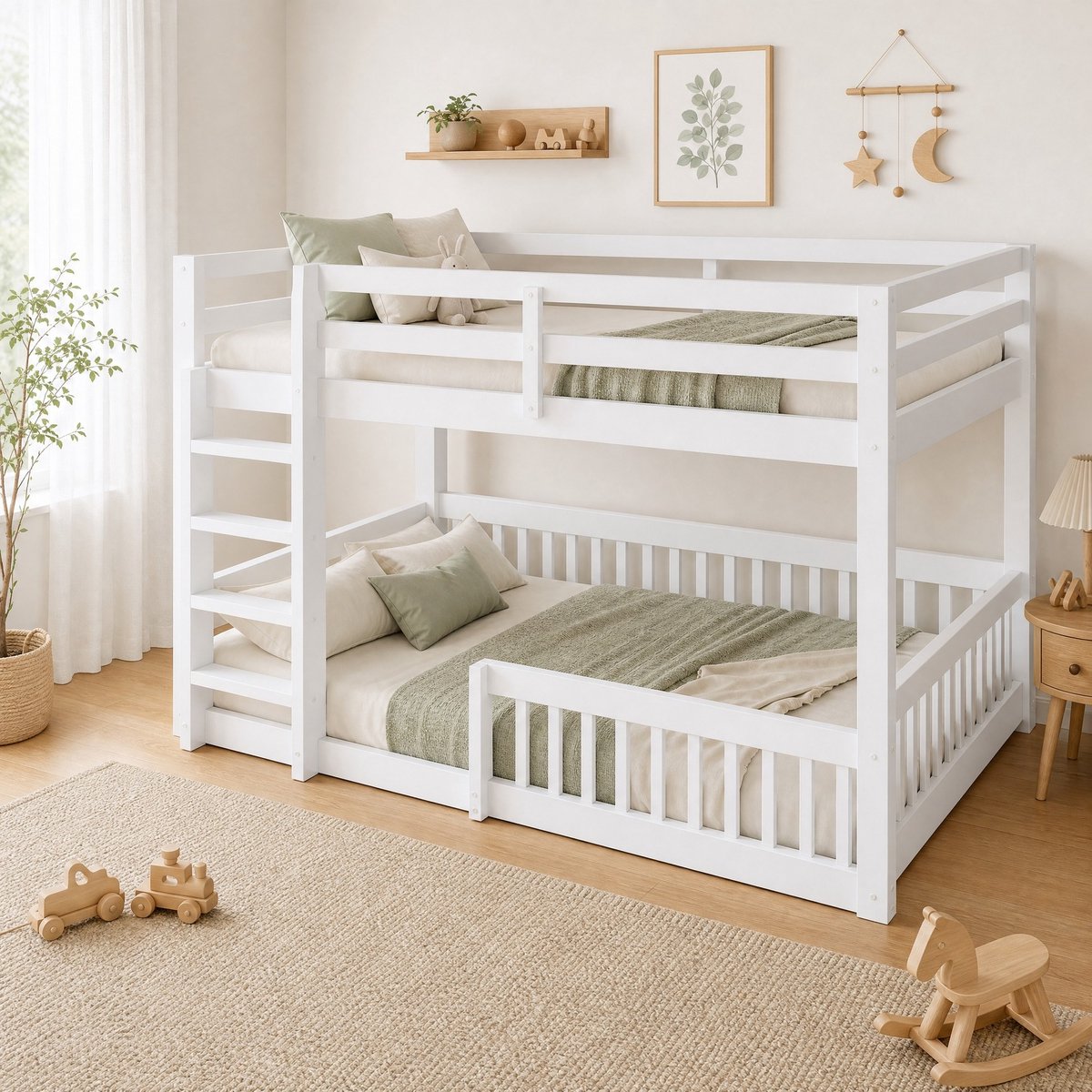 Stapelbed – 160 x 200 cm – Met Ladder En Veiligheidshekken – Hout En MDF – Wit – Kinderkamer