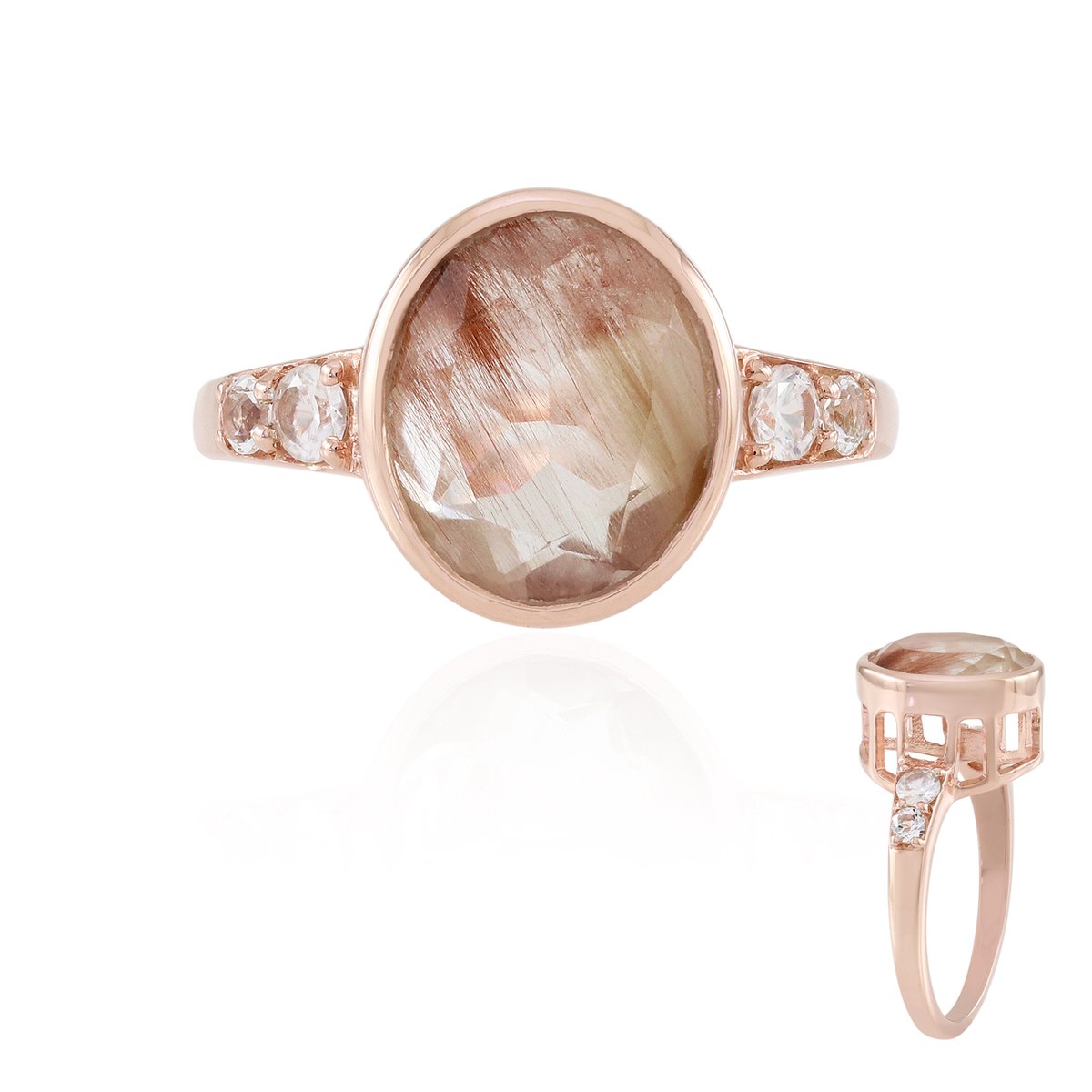 Cavill - Luxe Ovale Ring 3,353 ct Koper Rutielkwarts - 925 Sterling Zilver Roségoudverguld - Tanzaanse Zirkonia - Verstelbaar 19-21