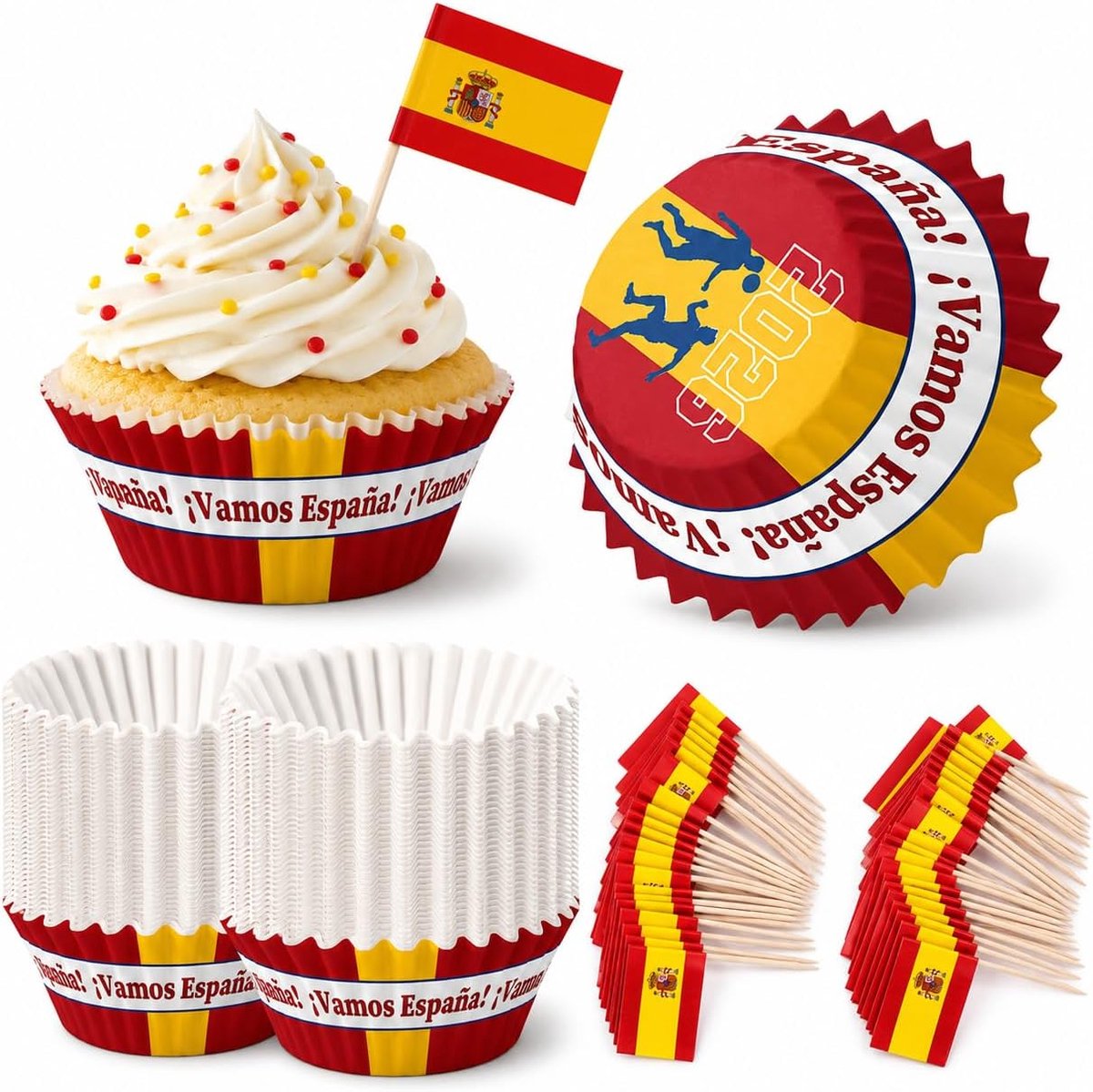 Voetbal 2026 Spanje, 200-delige set met 100 vlaggetandenstokers en 100 muffinvormpjes, rood-gele feestdecoratie voor buffet, snacks en desserts